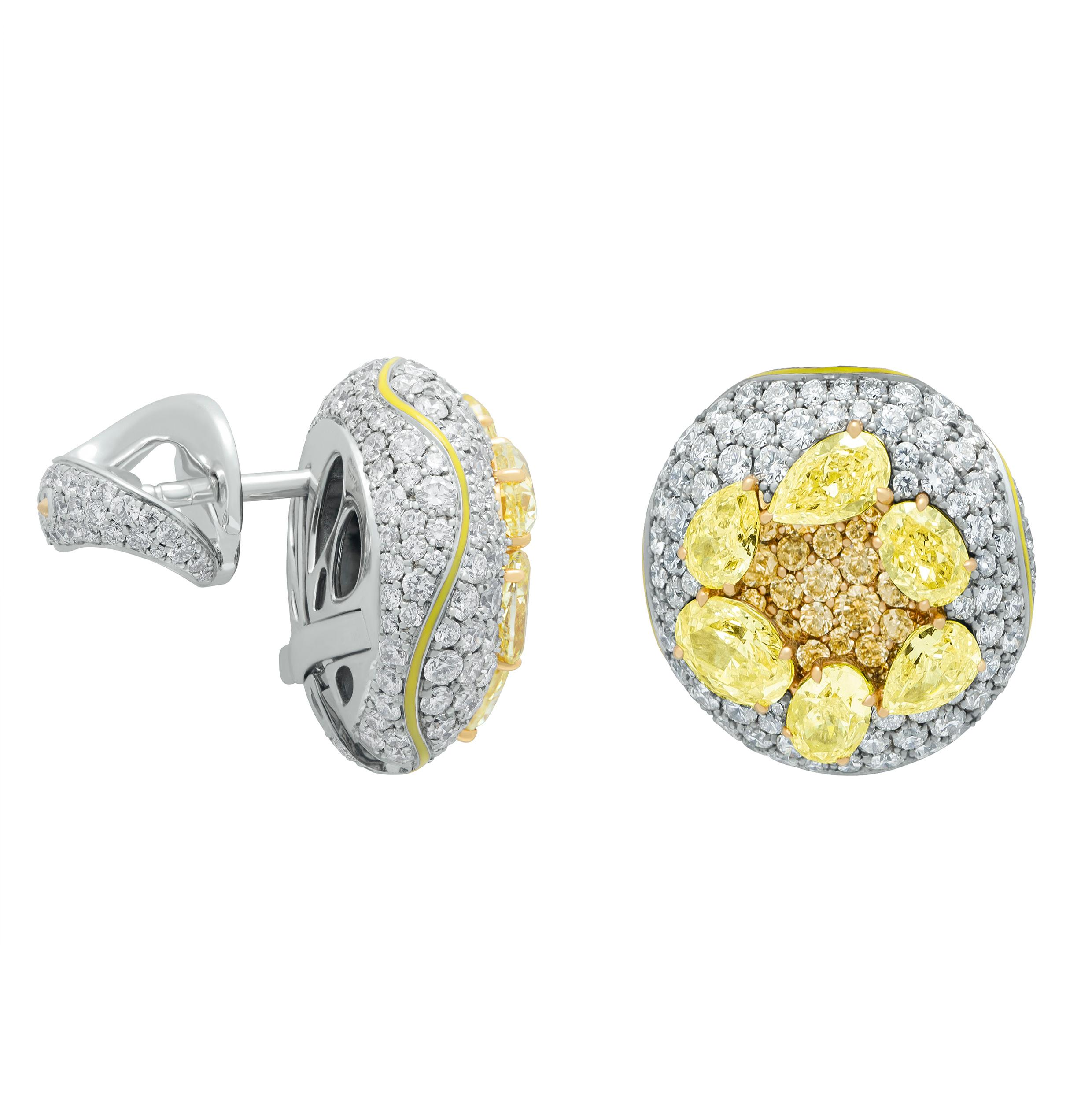 Contemporary Yellow Diamonds White Diamonds Enamel 18 Karat White Gold High Jewelry Earrings For Sale