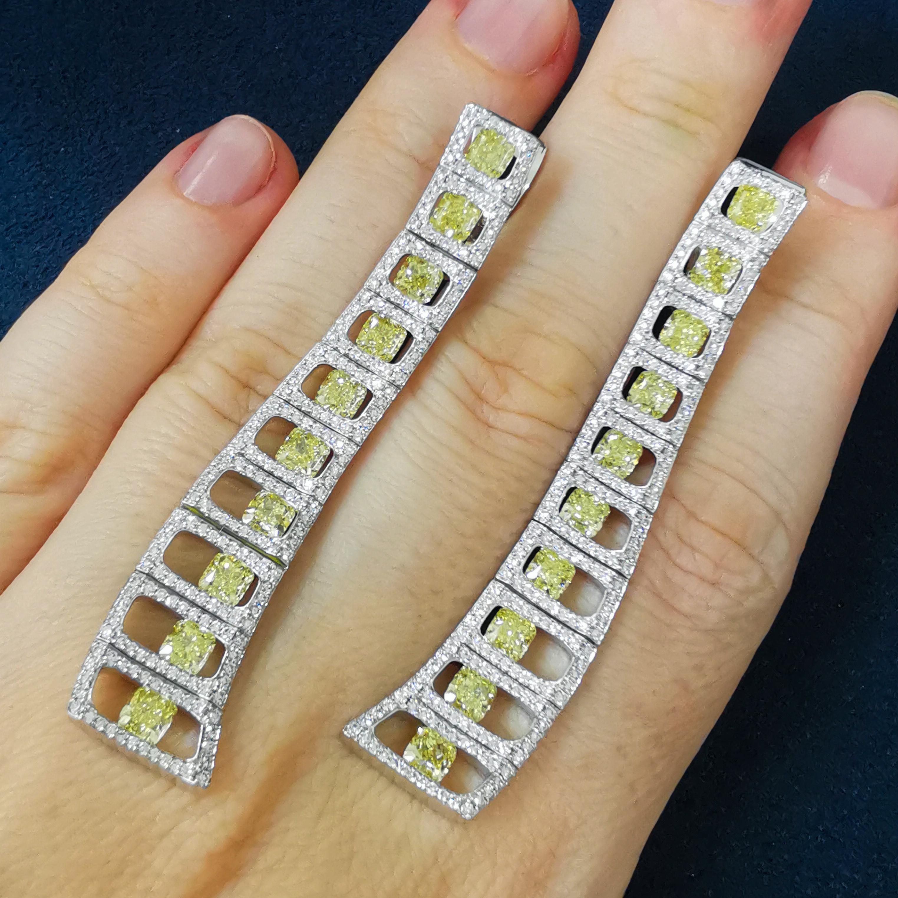 Cushion Cut Yellow Diamonds White Diamonds Enamel 18 Karat White Gold High Jewelry Earrings