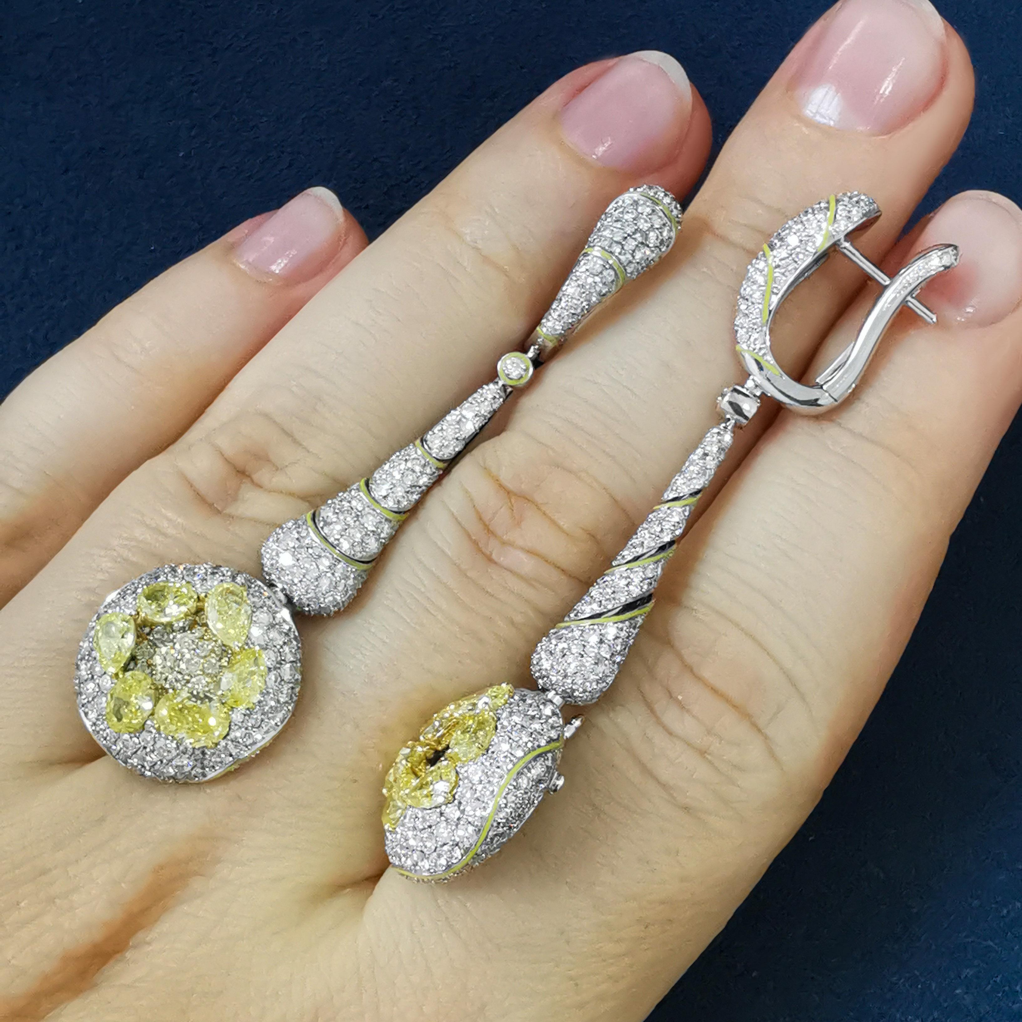 Yellow Diamonds White Diamonds Enamel 18 Karat White Gold High Jewelry Earrings For Sale 1