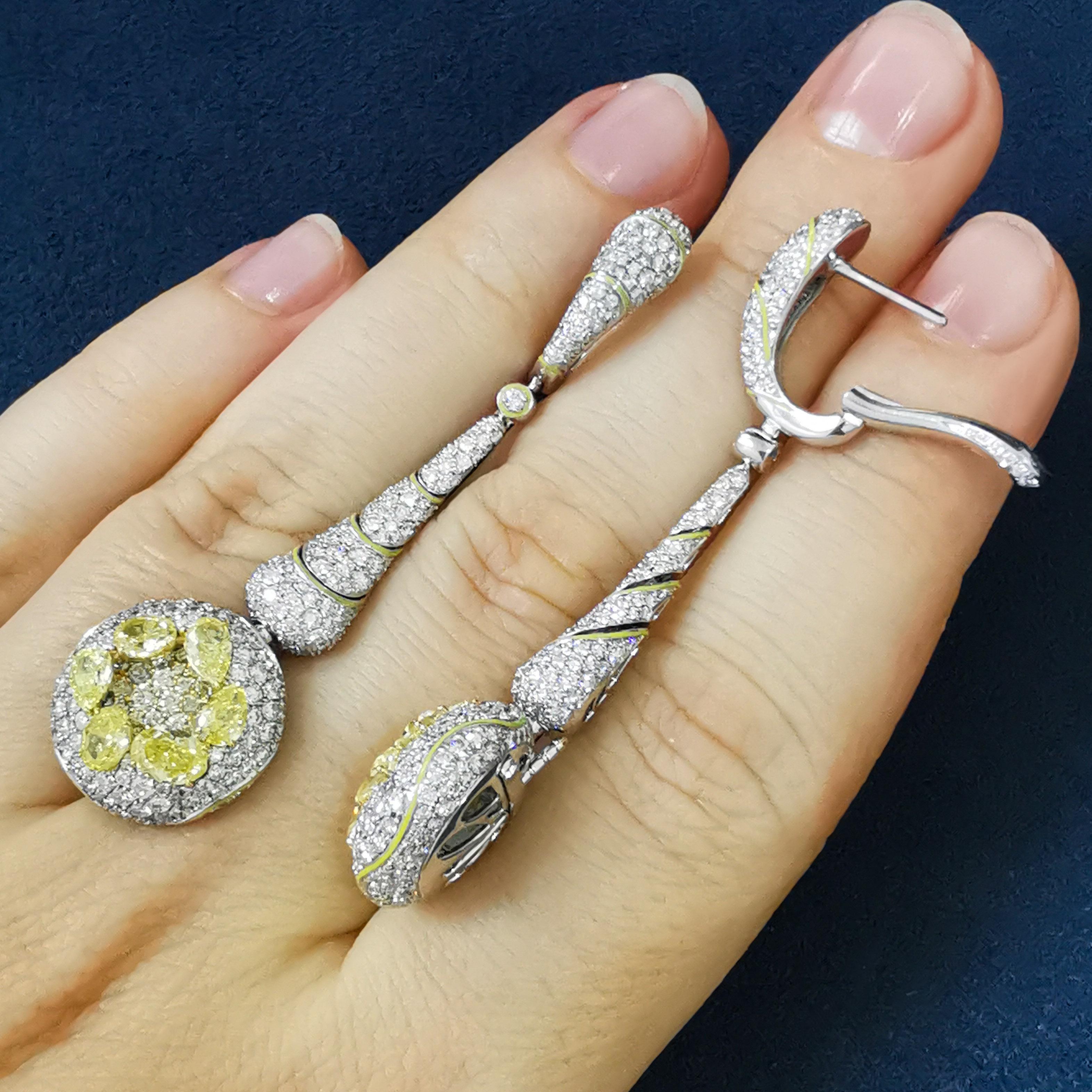 Yellow Diamonds White Diamonds Enamel 18 Karat White Gold High Jewelry Earrings For Sale 2