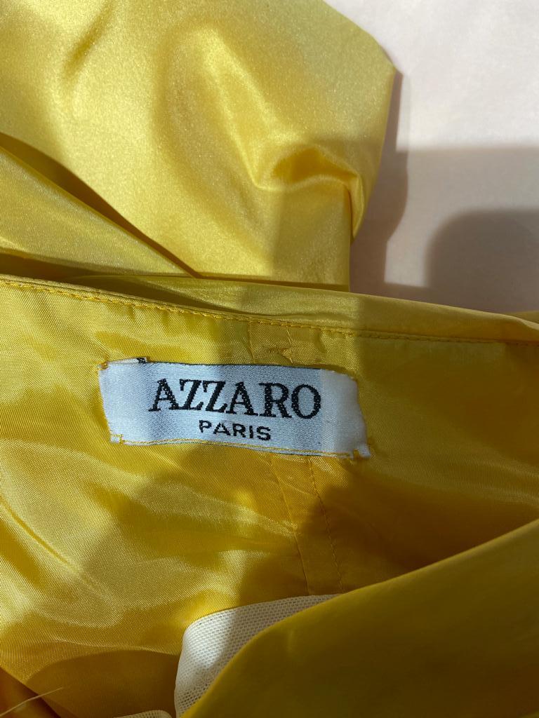 Yellow draped bustier dress in taffetas with bow and black flower Azzaro Paris  For Sale 3