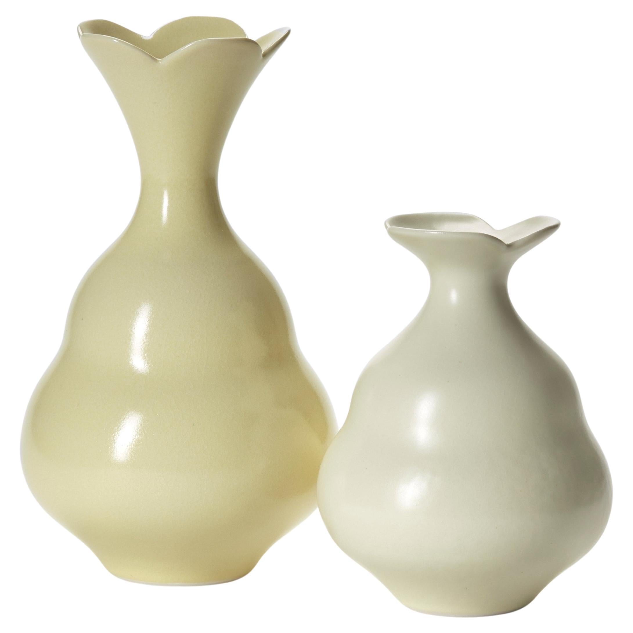 Yellow Duo, pastel yellow pair of hand thrown porcelain vases by Vivienne Foley