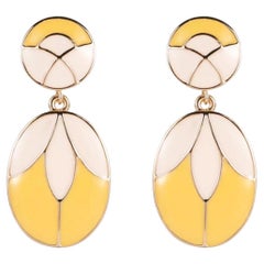 Yellow Ecru Round Oval Petal Flower Patchwork Pendant Gold Drop Clip Earrings