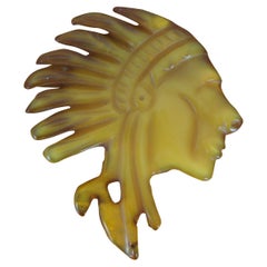 Yellow Egg Yolk Bakelite Native American Indian Chief Pin Brooch 3"