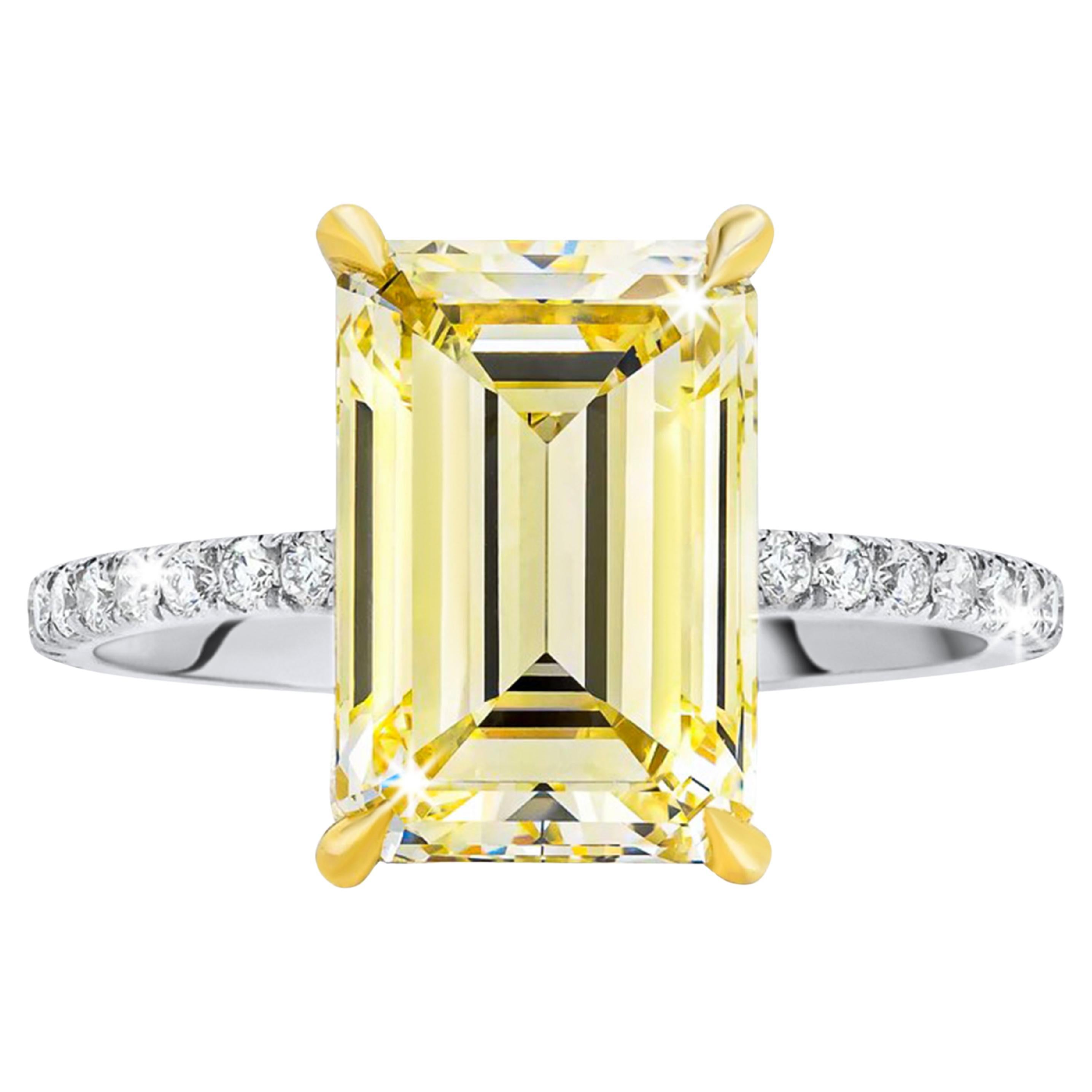 Yellow Emerald Cut Micro Pave 14K Gold Engagement Ring