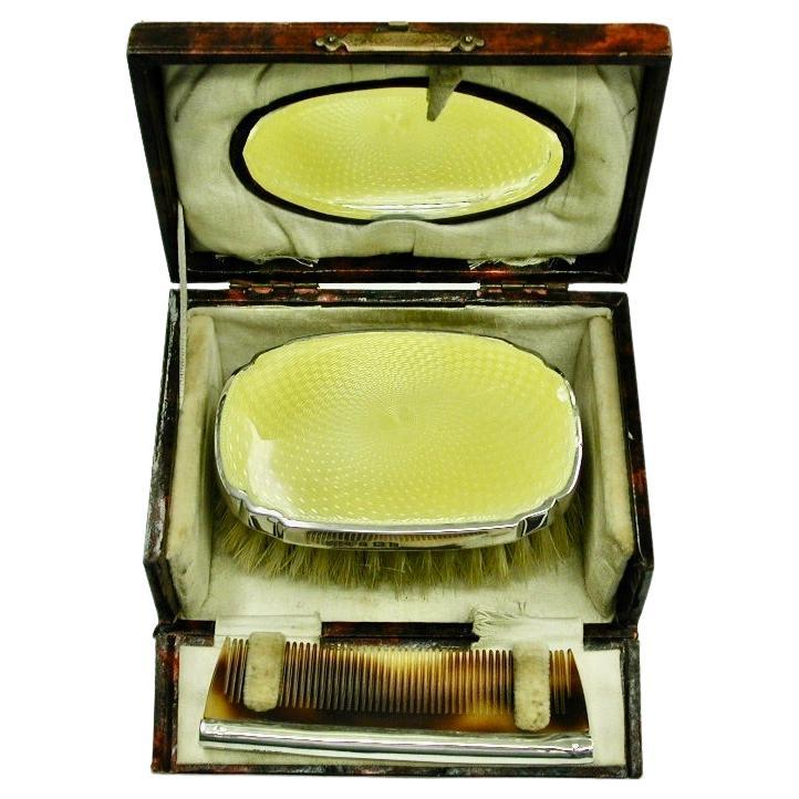 Yellow Enamel and Silver Childs Hairbrush with Comb, Dated 1927, Birmingham For Sale