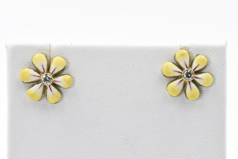 Yellow Enamel Daisy Flower Diamond Gold Earrings by Sandra J