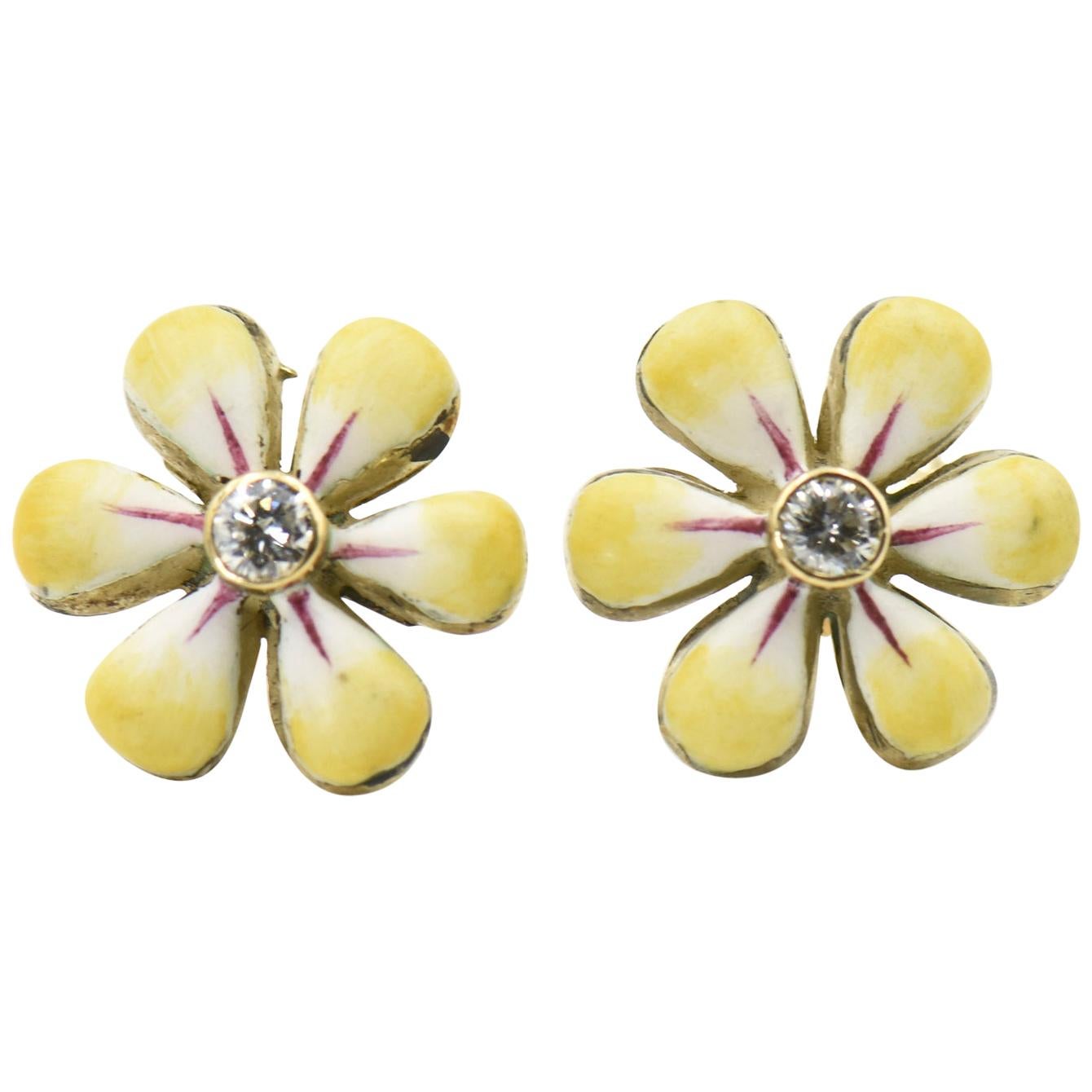 Yellow Enamel Daisy Flower Diamond Gold Earrings by Sandra J. Sensations For Sale