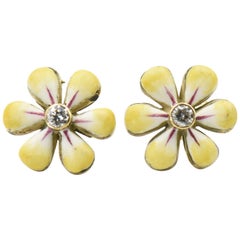 Retro Yellow Enamel Daisy Flower Diamond Gold Earrings by Sandra J. Sensations