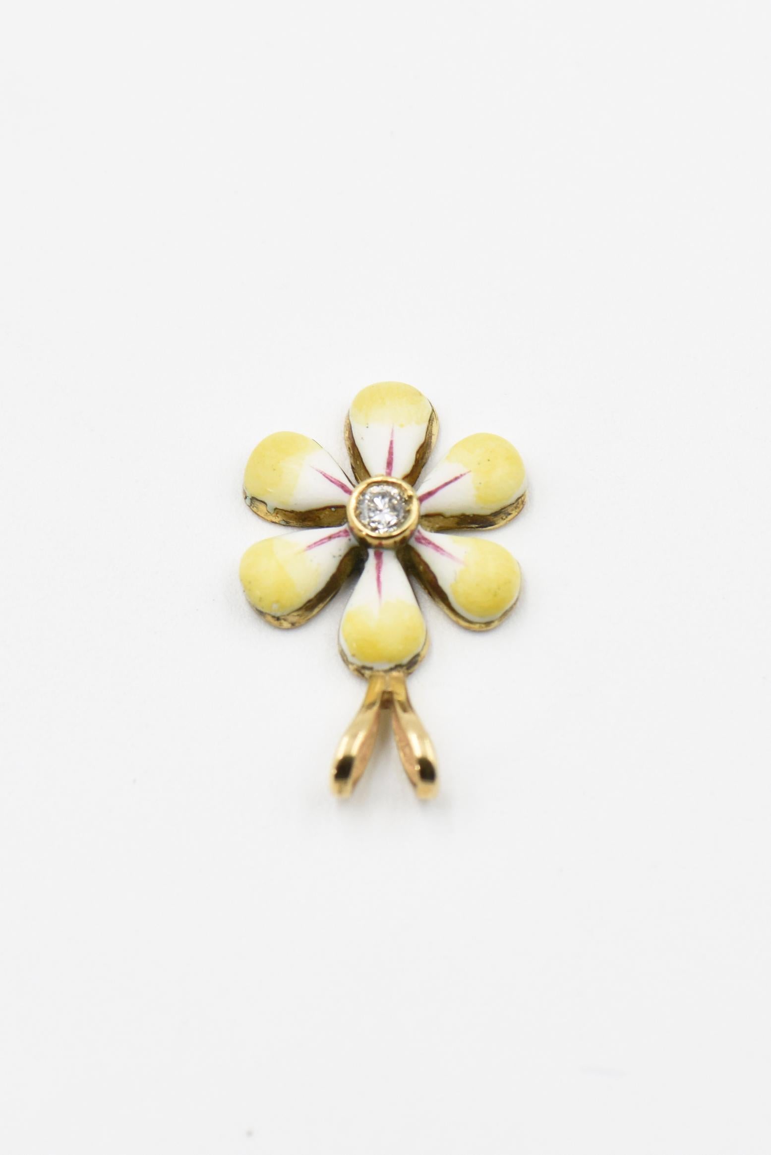 Yellow Enamel Daisy Flower Diamond Gold Pendant by Sandra J Sensations For Sale 1