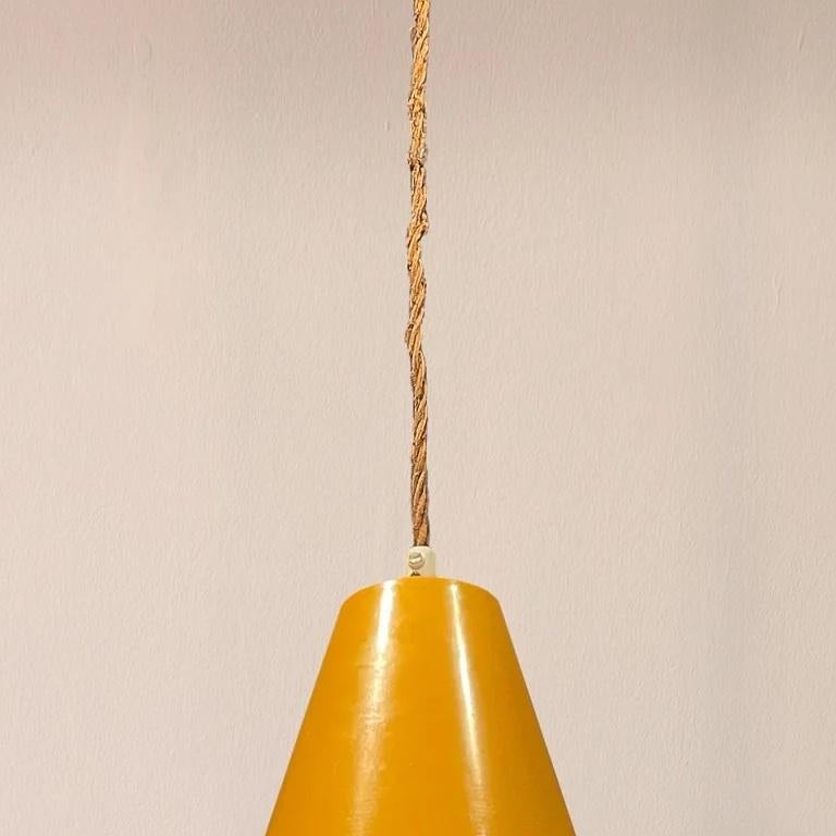 French Yellow Enamelled Metal Hanging Light For Sale