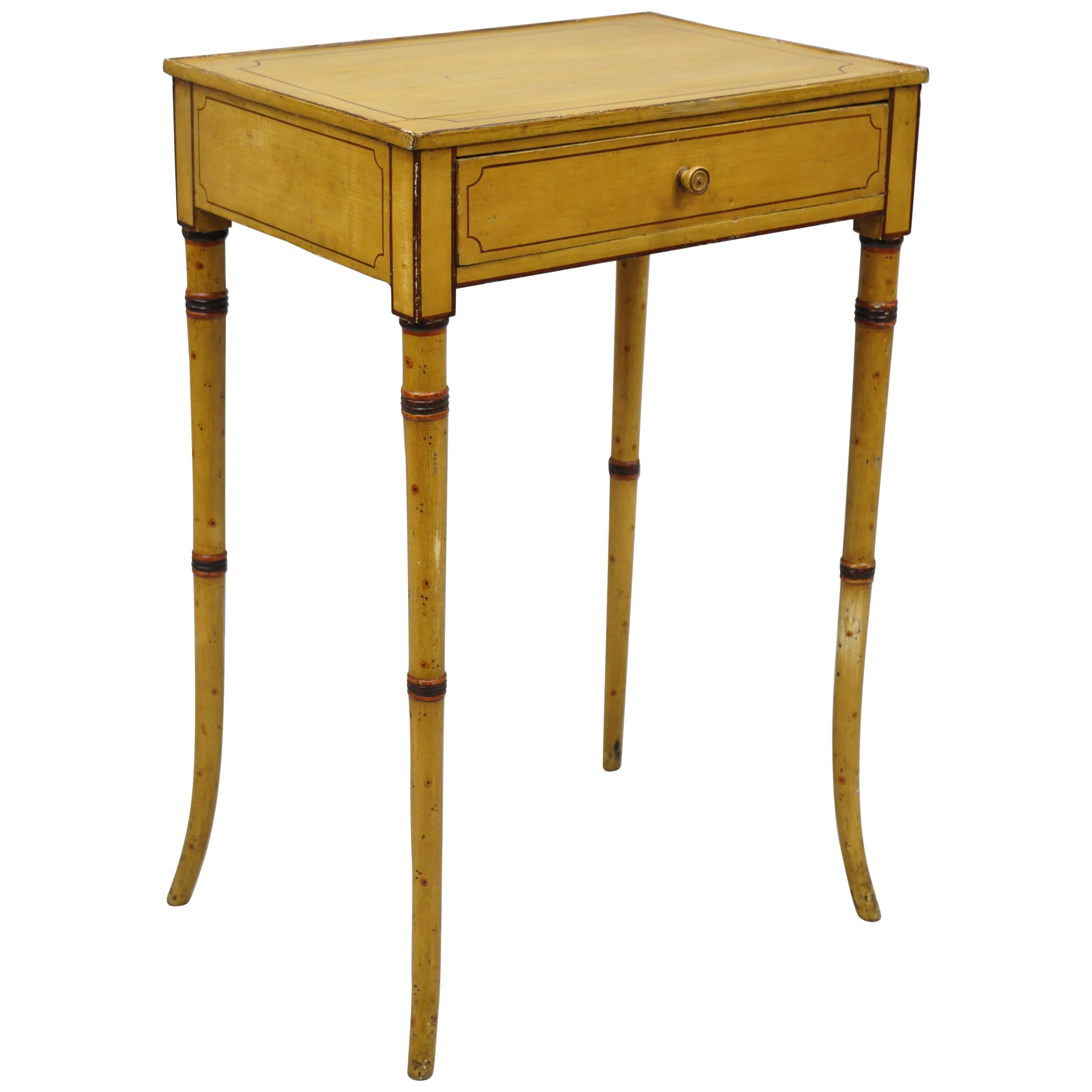 Yellow English Victorian Faux Bamboo One Drawer Side End Table Nightstand