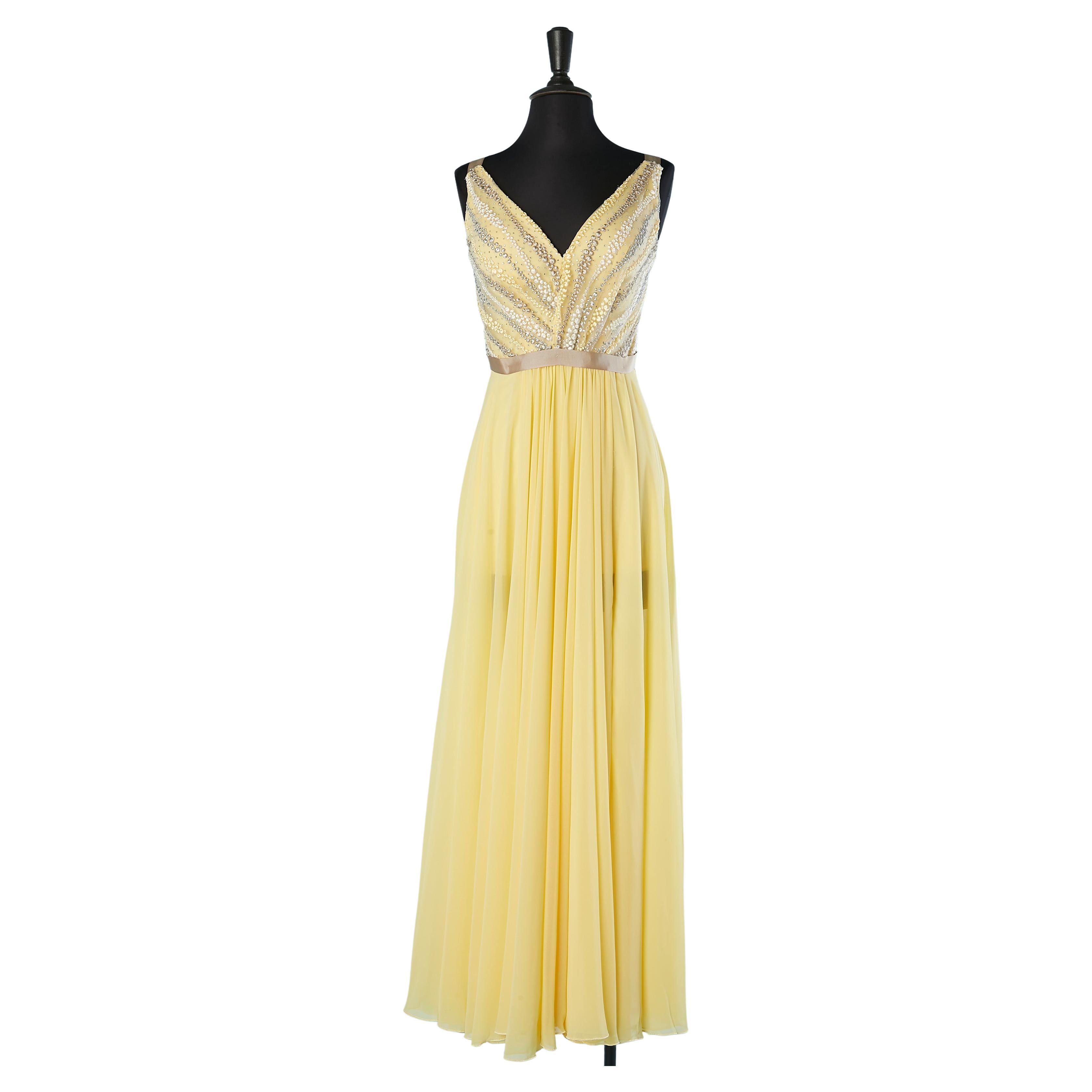 Yellow evening dress with embroideries and rhinestone Gai Mattiolo Love to Love For Sale