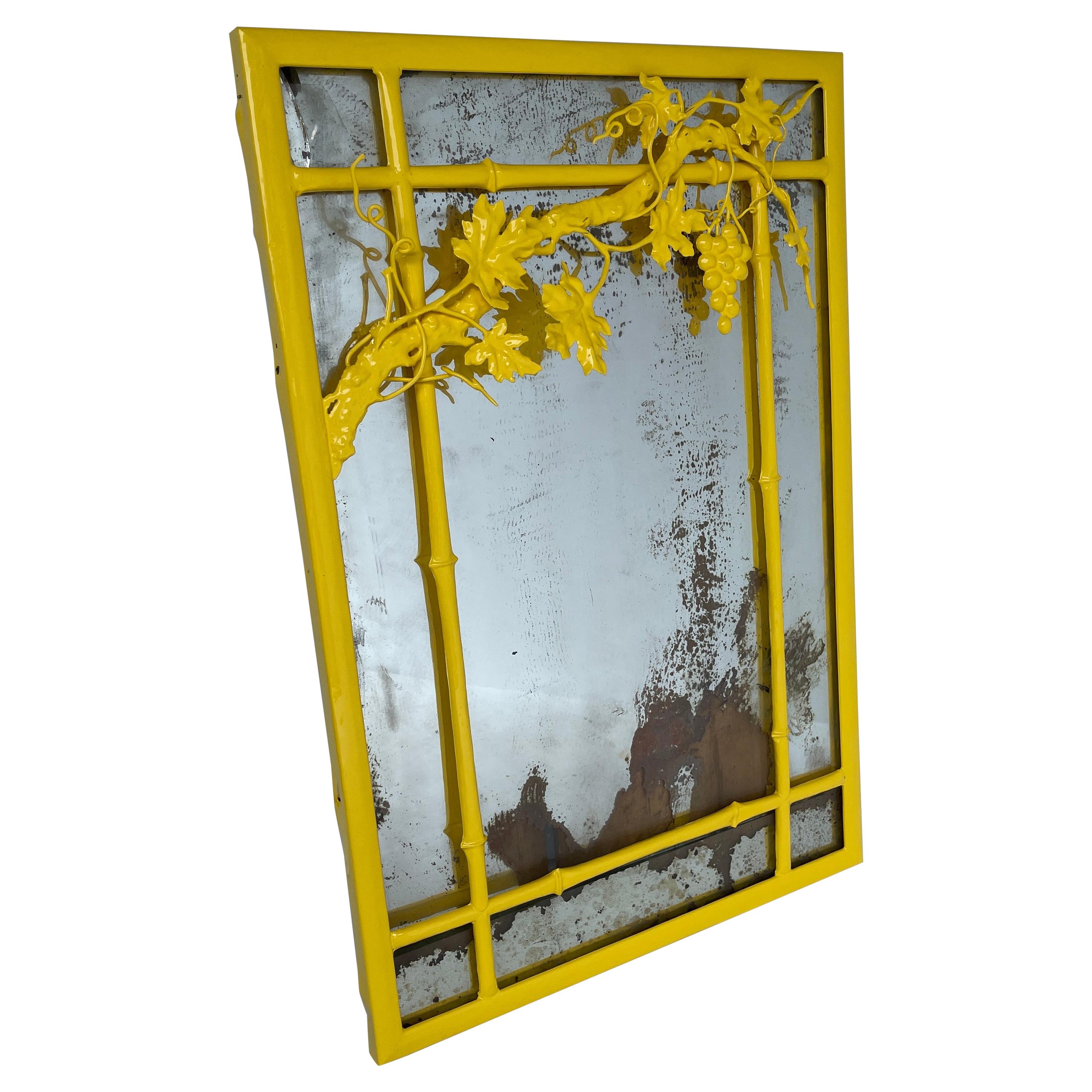 Yellow Faux Bamboo Grape Design Wall Mirror, Mid-Century Modern