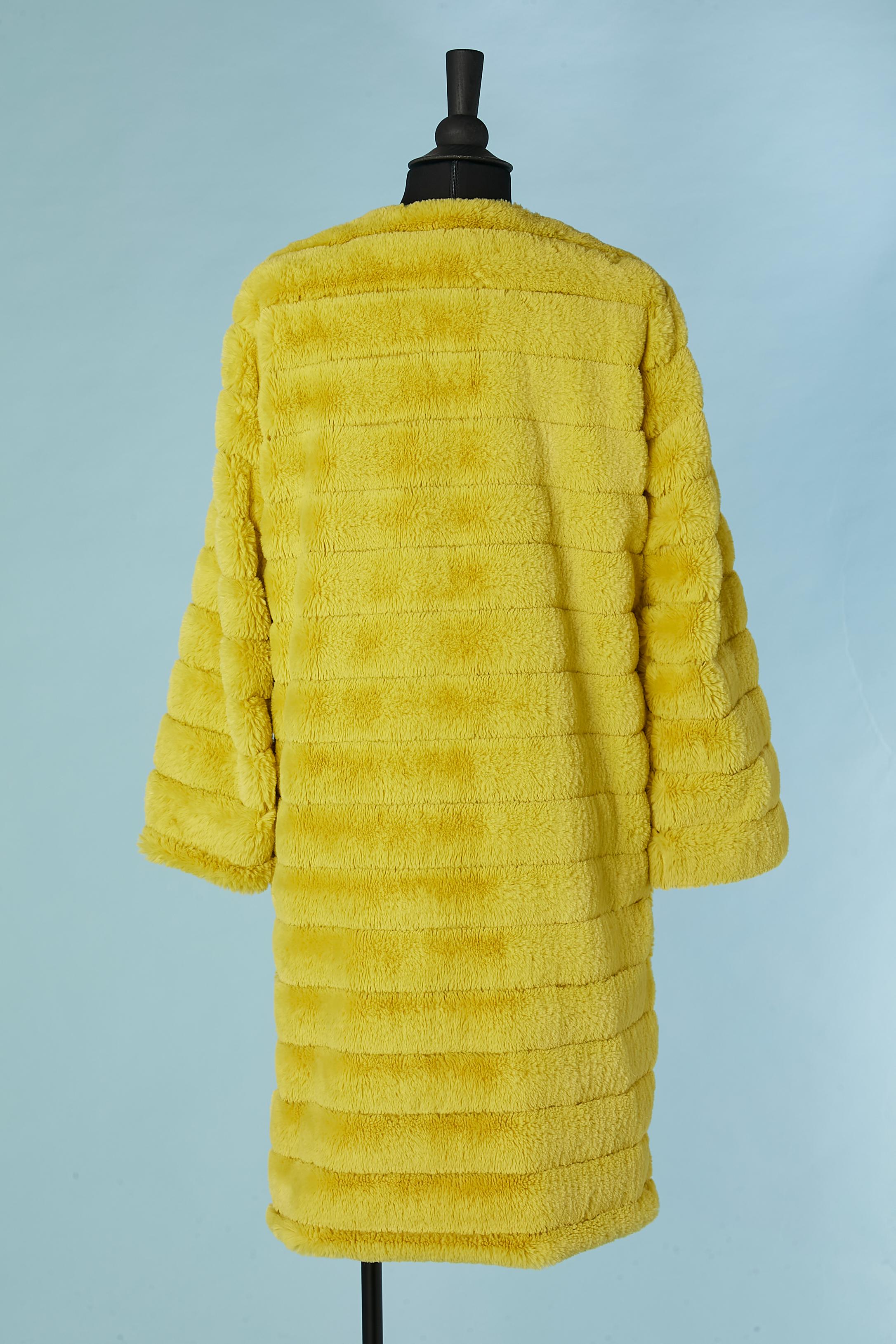 Yellow faux fur edge to edge coat with laser cut and pocket on both side  For Sale 1