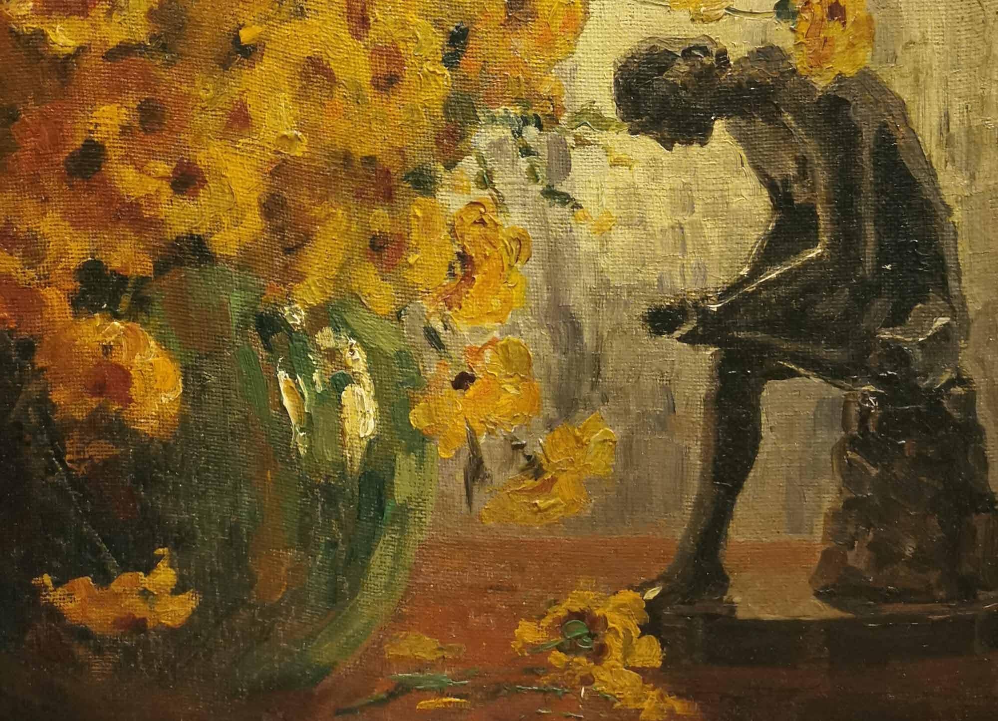 Austrian Yellow Field Daisies and Statuette Oil Painting, Art Deco For Sale