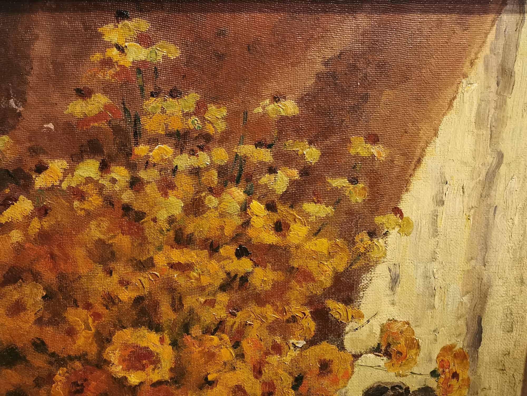 Oiled Yellow Field Daisies and Statuette Oil Painting, Art Deco For Sale