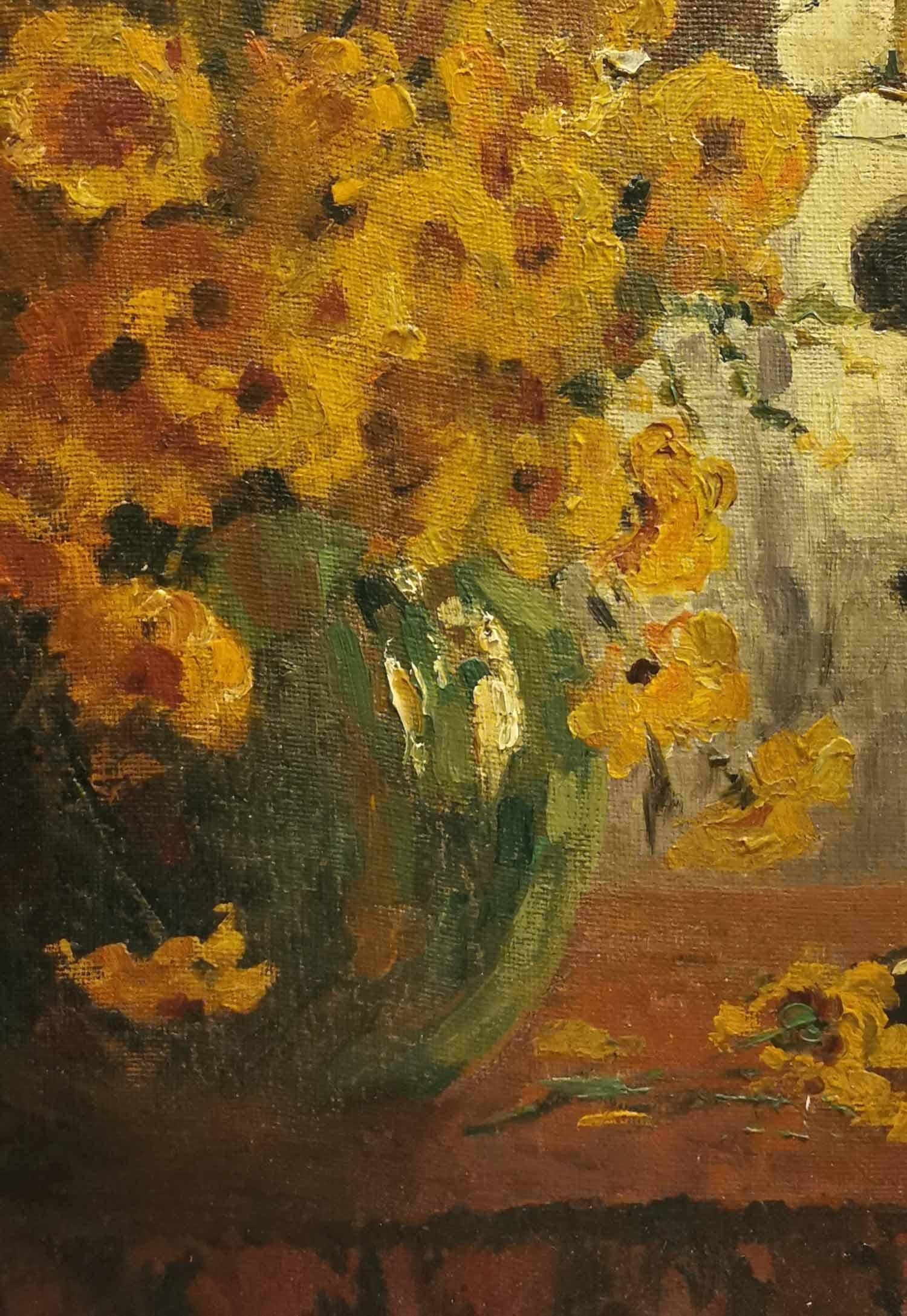 Yellow Field Daisies and Statuette Oil Painting, Art Deco In Good Condition For Sale In Albignasego, IT