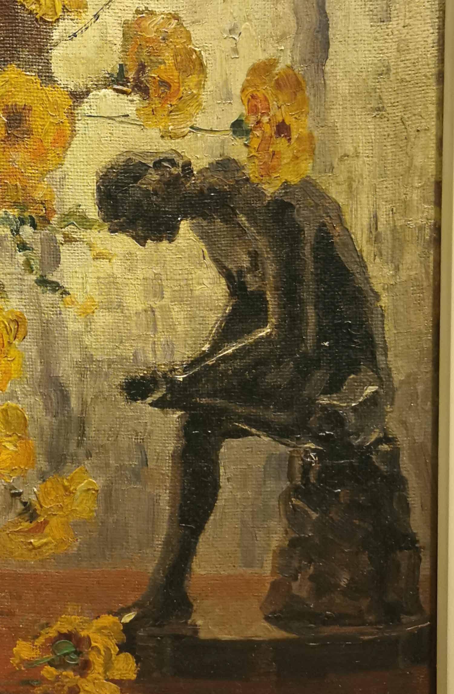 Mid-20th Century Yellow Field Daisies and Statuette Oil Painting, Art Deco For Sale