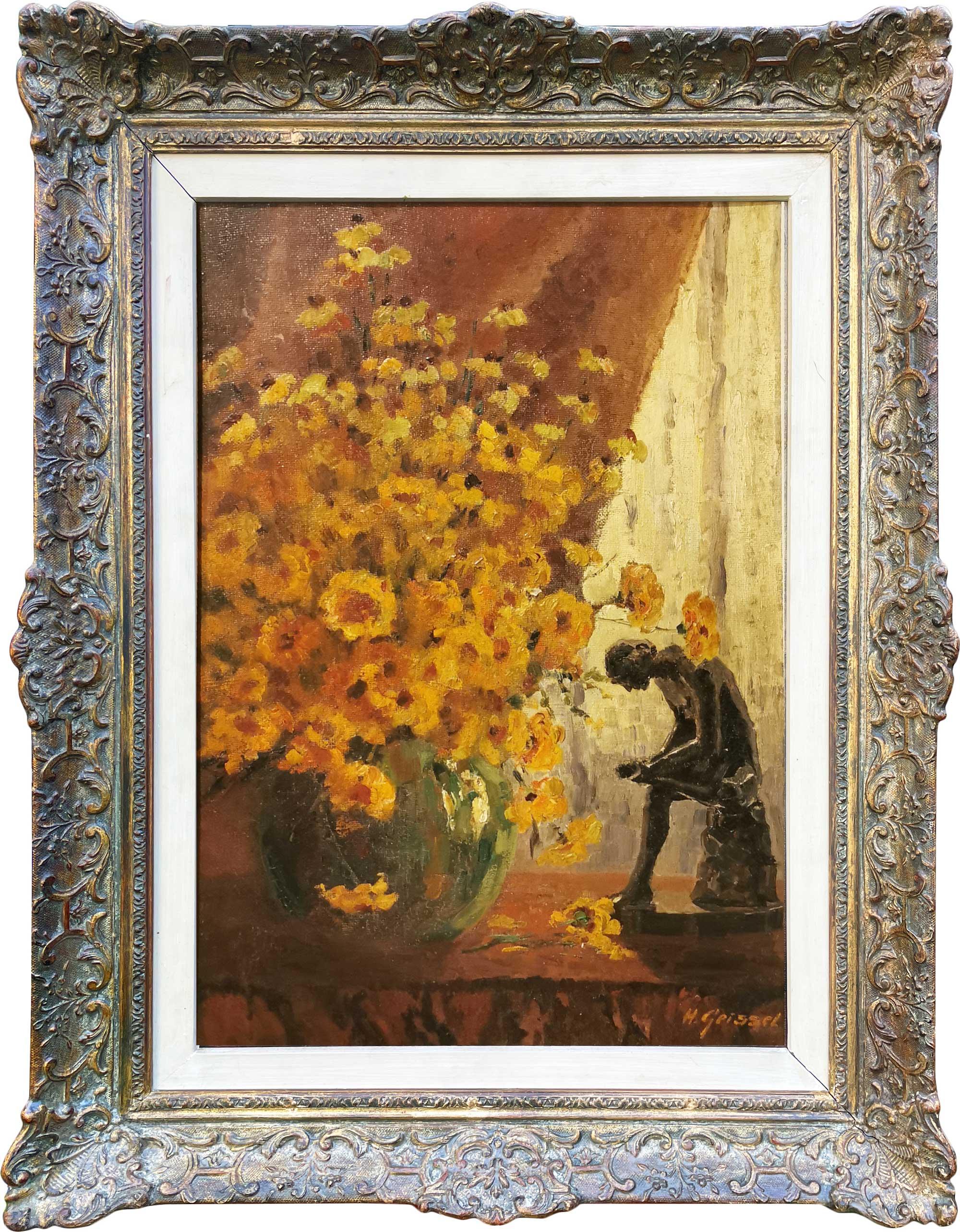 Yellow Field Daisies and Statuette Oil Painting, Art Deco For Sale 1