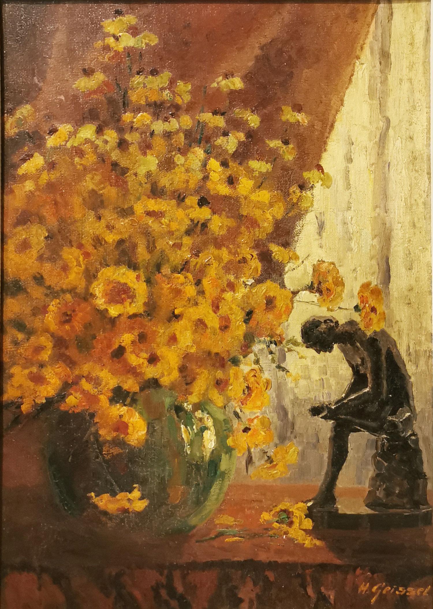 Yellow Field Daisies and Statuette Oil Painting, Art Deco For Sale 3