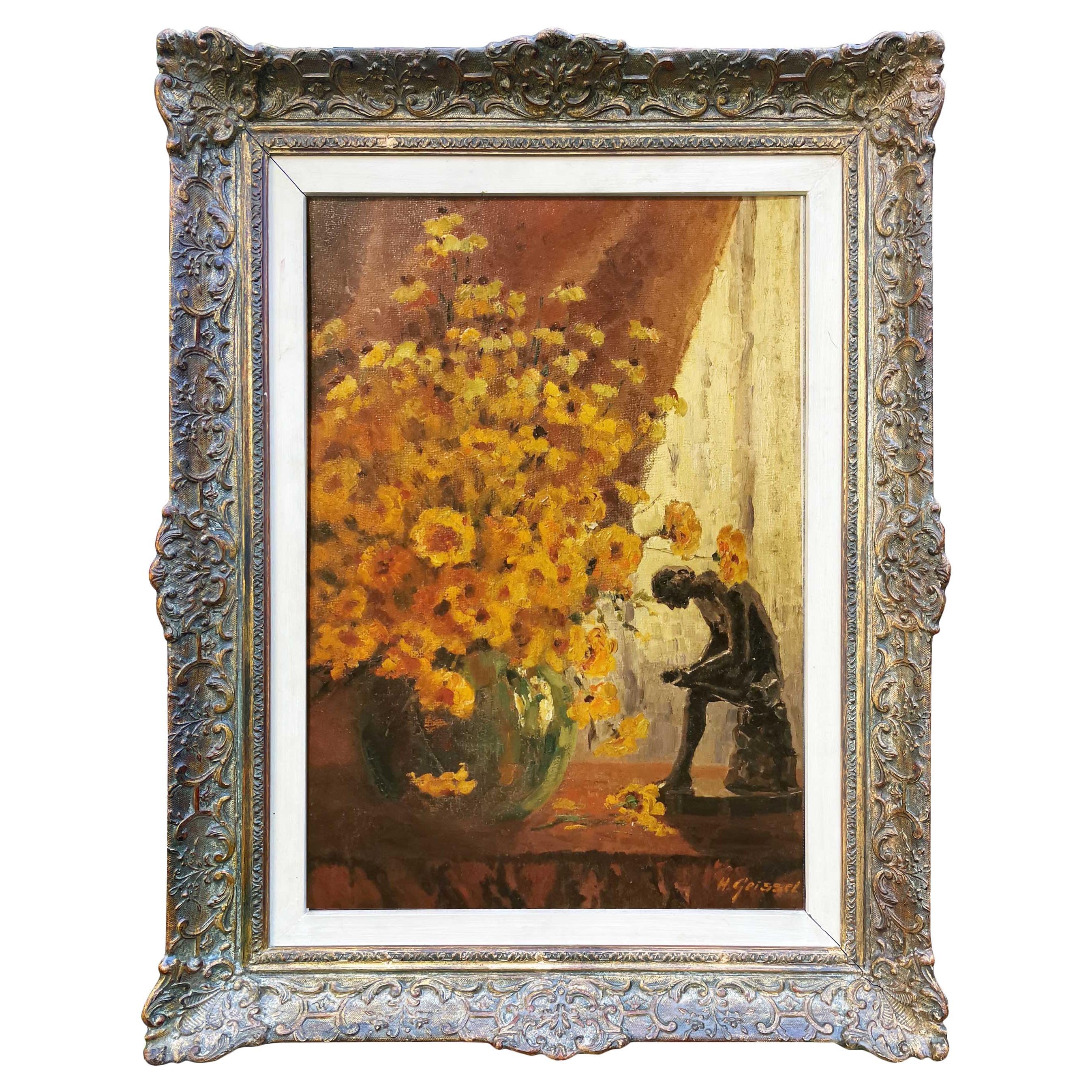 Yellow Field Daisies and Statuette Oil Painting, Art Deco