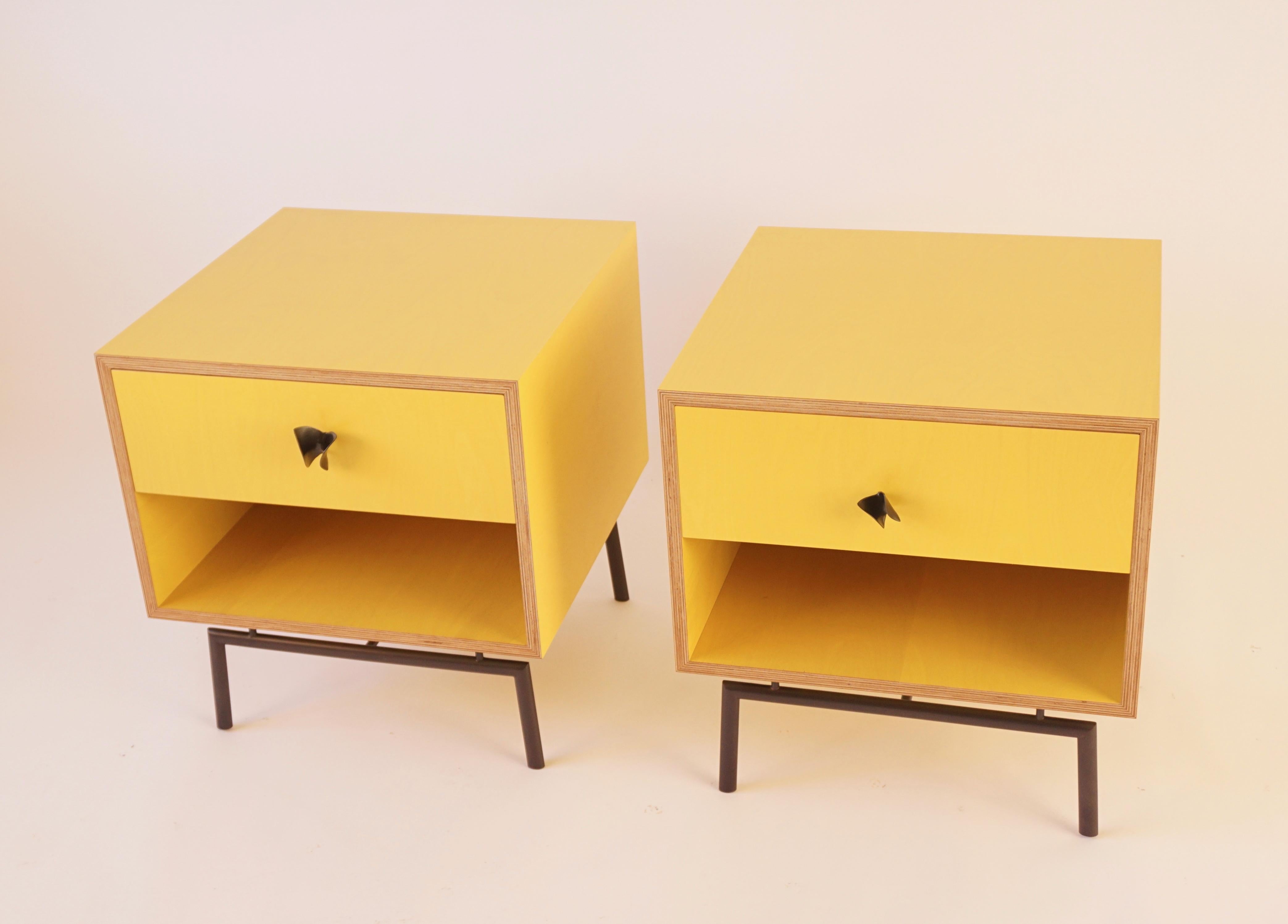 Plywood Yellow Finn Ply Bedside Tables with Bronze Base and Bronze Butterfly Pulls For Sale