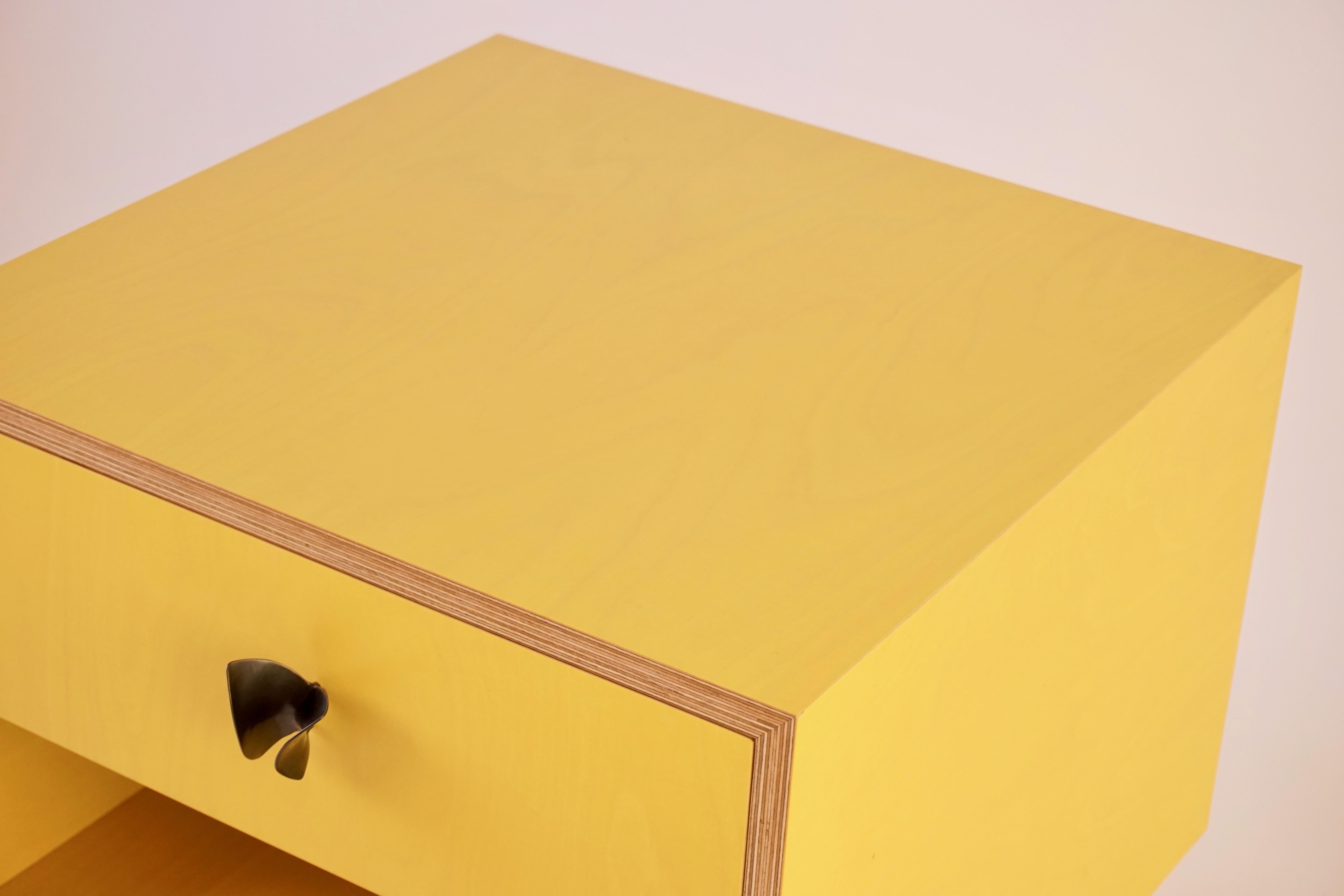 Yellow Finn Ply Bedside Tables with Bronze Base and Bronze Butterfly Pulls For Sale 1
