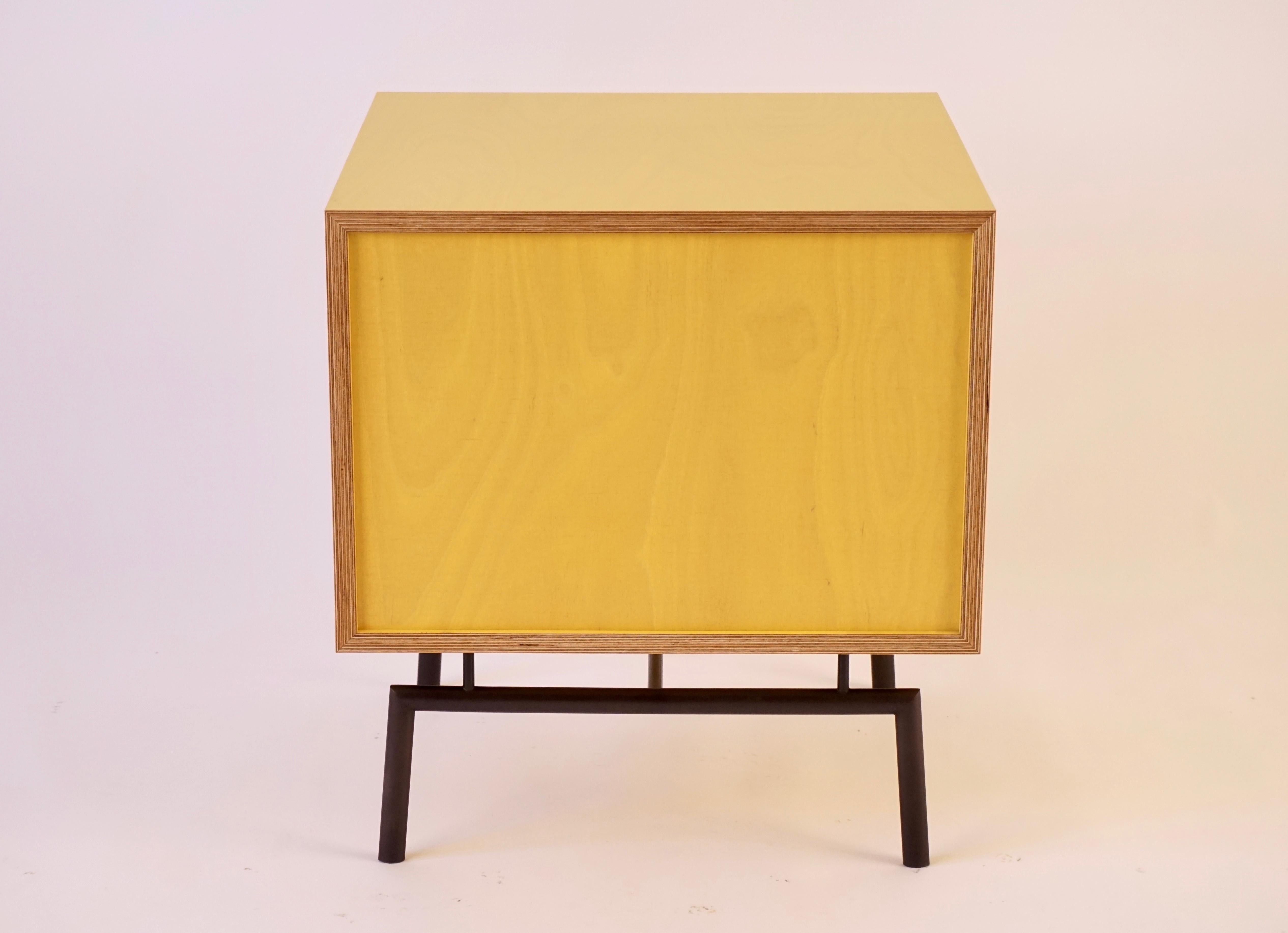 Yellow Finn Ply Bedside Tables with Bronze Base and Bronze Butterfly Pulls For Sale 2