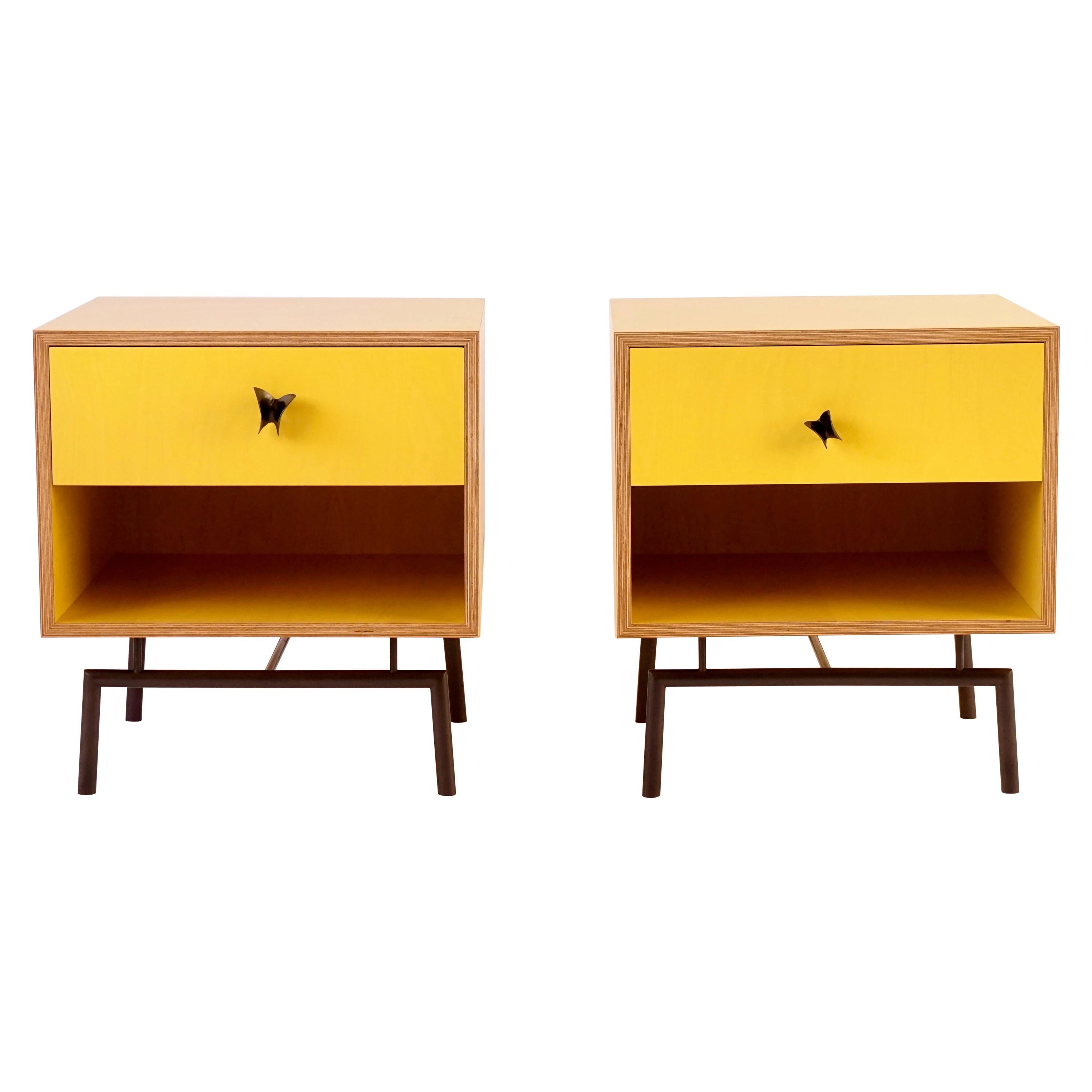 Yellow Finn Ply Bedside Tables with Bronze Base and Bronze Butterfly Pulls For Sale