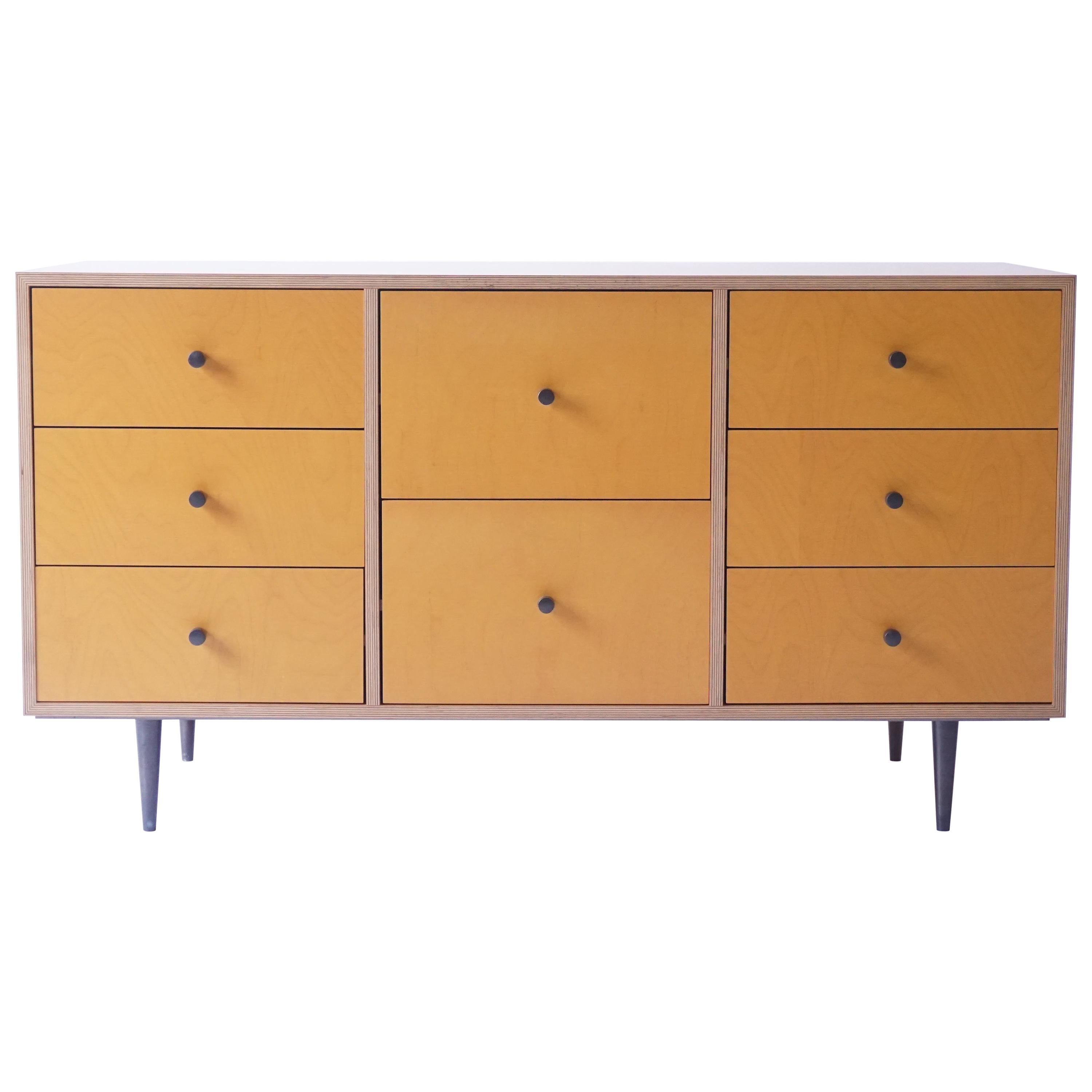 Yellow Finn-Ply Cabinet with Bronze Pulls and Turned Bronze Legs