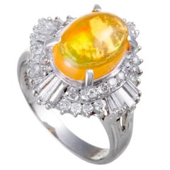 Yellow Fire Opal and Diamond Platinum Ring
