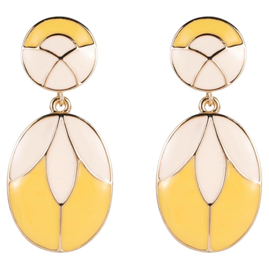 Yellow Flower Round Oval Patchwork Petal Gold Handmade Elegant Clip Earrings