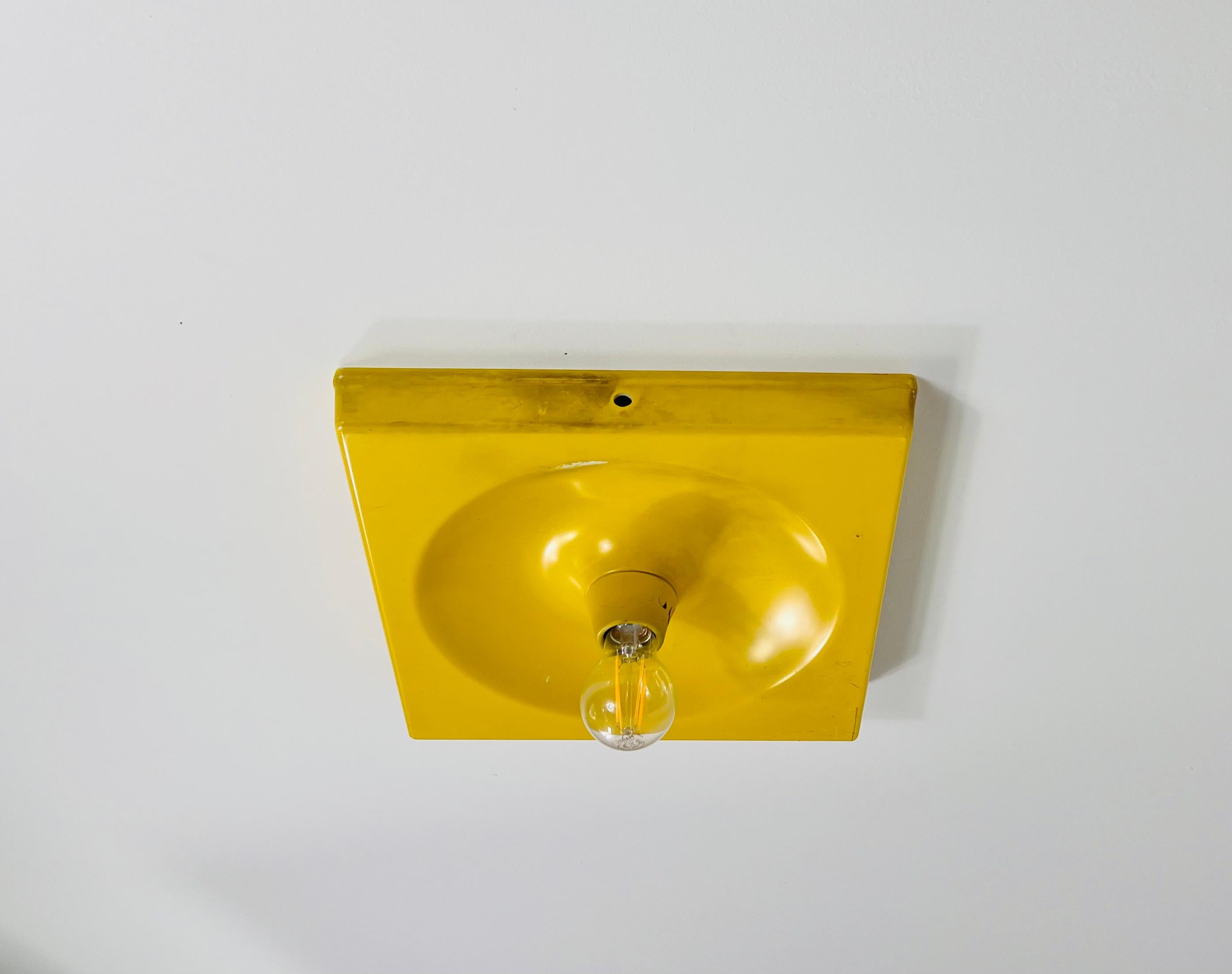 Metal Yellow Flush Mount or Wall Lamp by Klaus Hempel for Kaiser Leuchten, 1970s For Sale