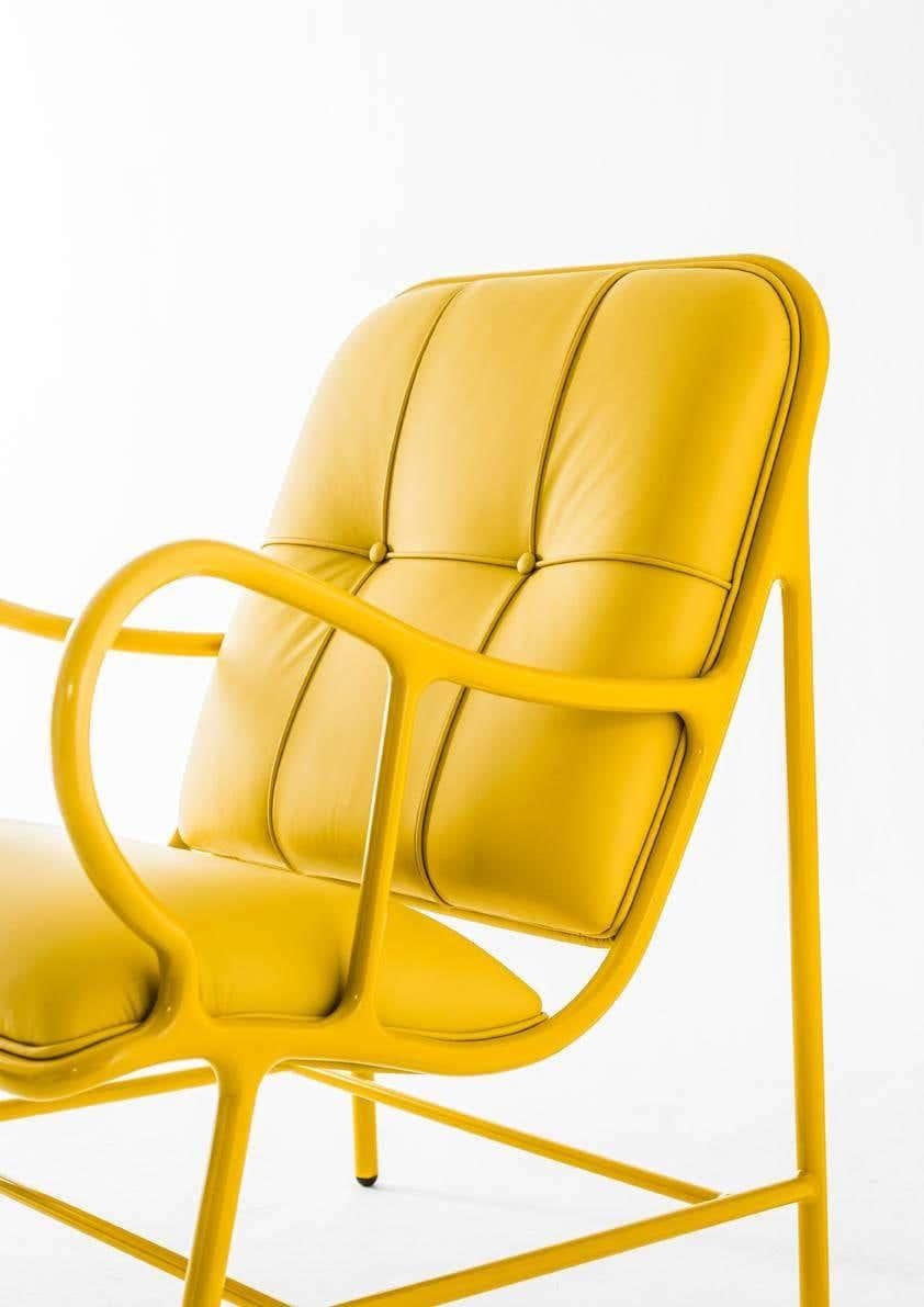 Yellow Gardenias armchair living room with high-gloss leather finish

Materials: 
Aluminium, leather

Dimensions: 
D 79 cm x W 70 cm x H 92 cm. (SH 45 cm)

The Gardenias Collection is the second largest collection by Jaime Hayon for BD. It