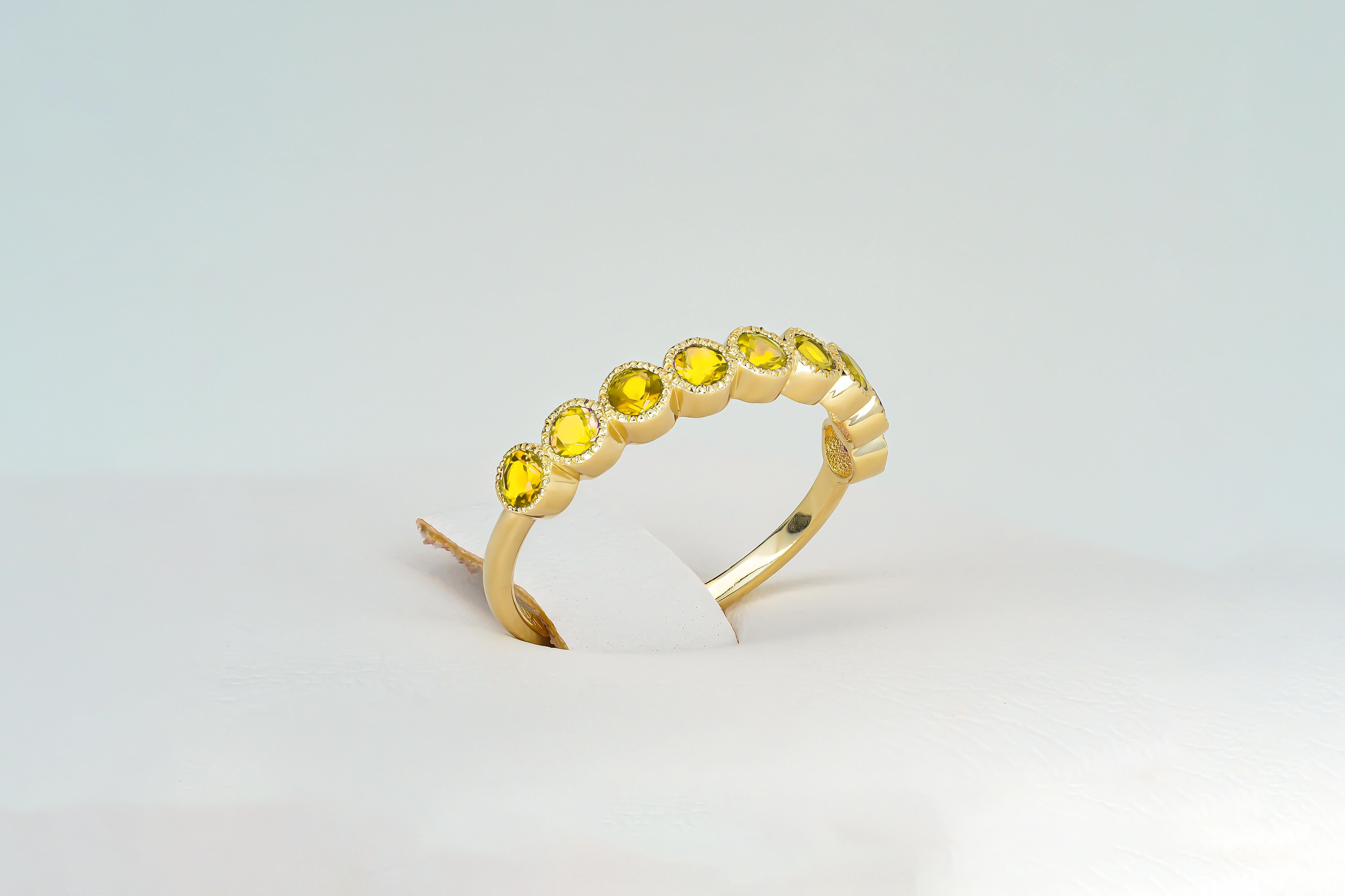 Yellow gem half eternity 14k gold ring.
Lab sapphire semi eternity ring. Round yellow gemstone gold ring. 2.5 mm lab yellow sapphire ring.

Metal: 14k gold
Weight: 1.8 gr depends from size

Gemstones:
Lab sapphires, yellow color, round cut, 2.5 mm