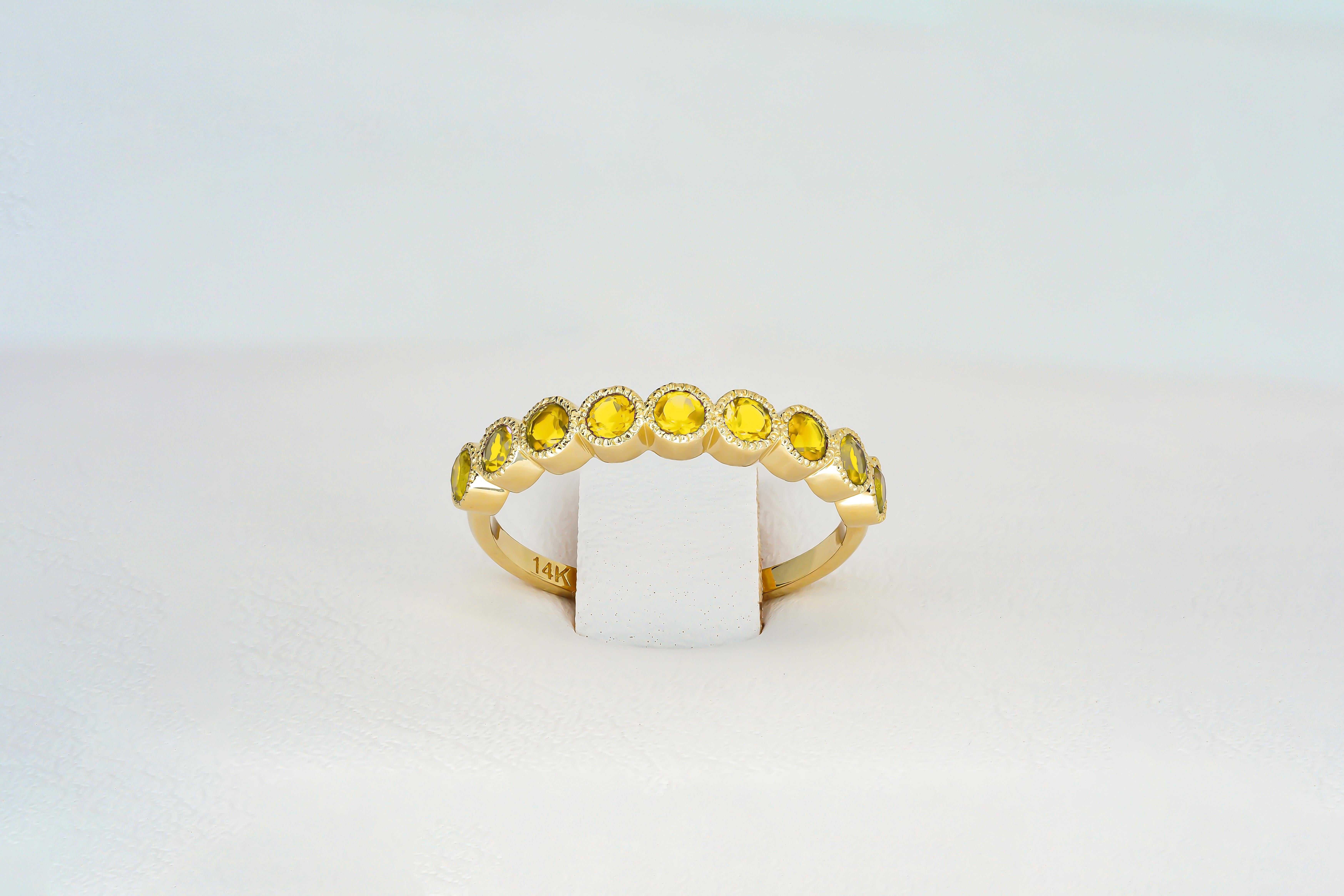 Round Cut Yellow gem half eternity 14k gold ring. For Sale
