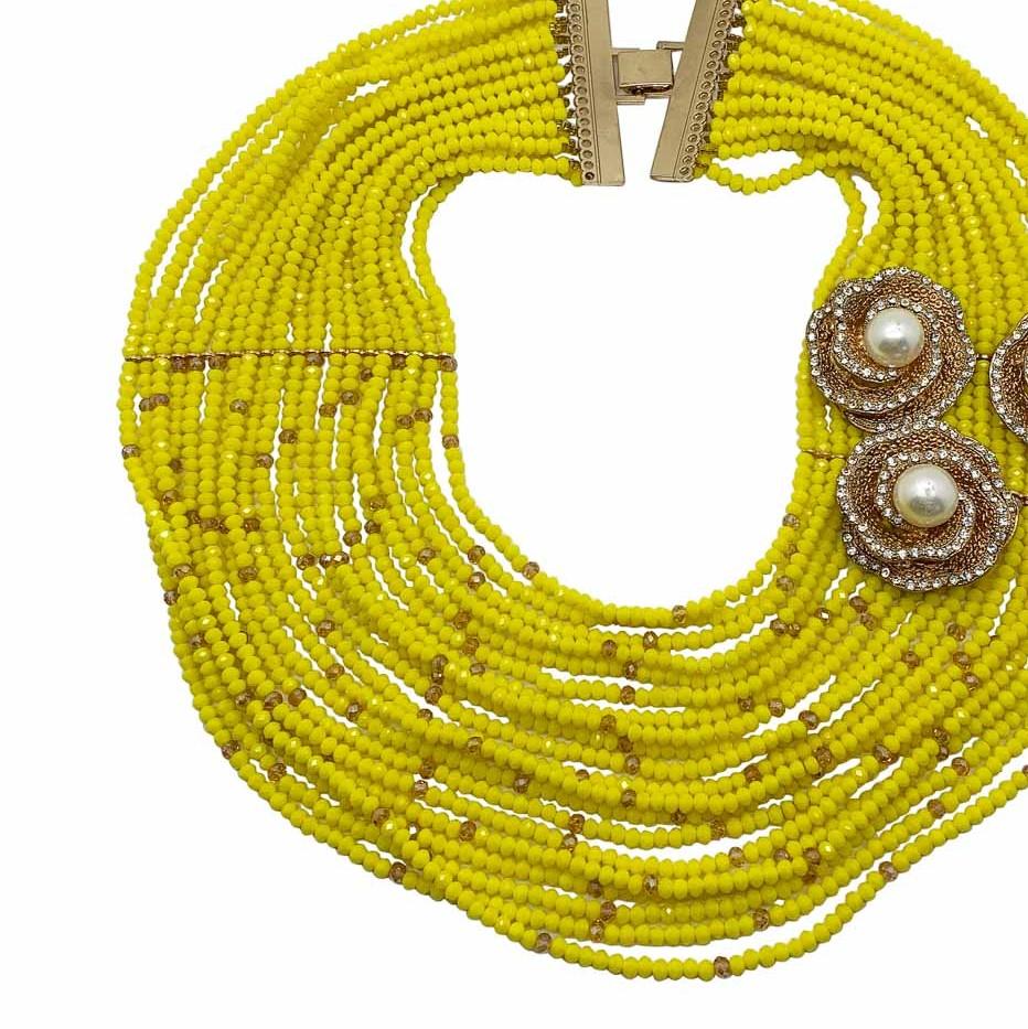 A seriously dramatic vintage yellow beaded high collar. Featuring no less than twenty rows of neon yellow glass faceted beads punctuated with accent rainbow beads. The perfect finishing touch is the three floral pearl and crystal motifs.
Vintage