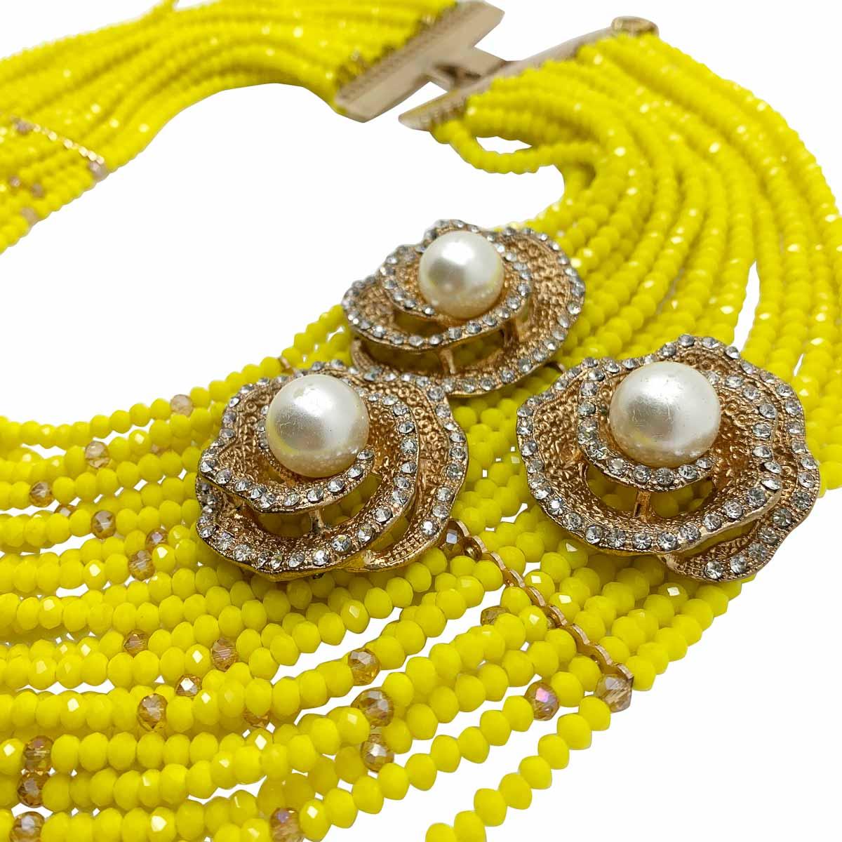 Women's or Men's yellow glass bead & pearl high collar 1990s For Sale