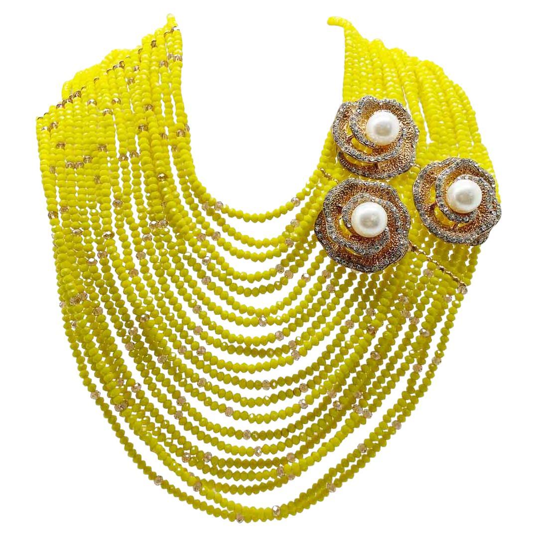 yellow glass bead & pearl high collar 1990s For Sale