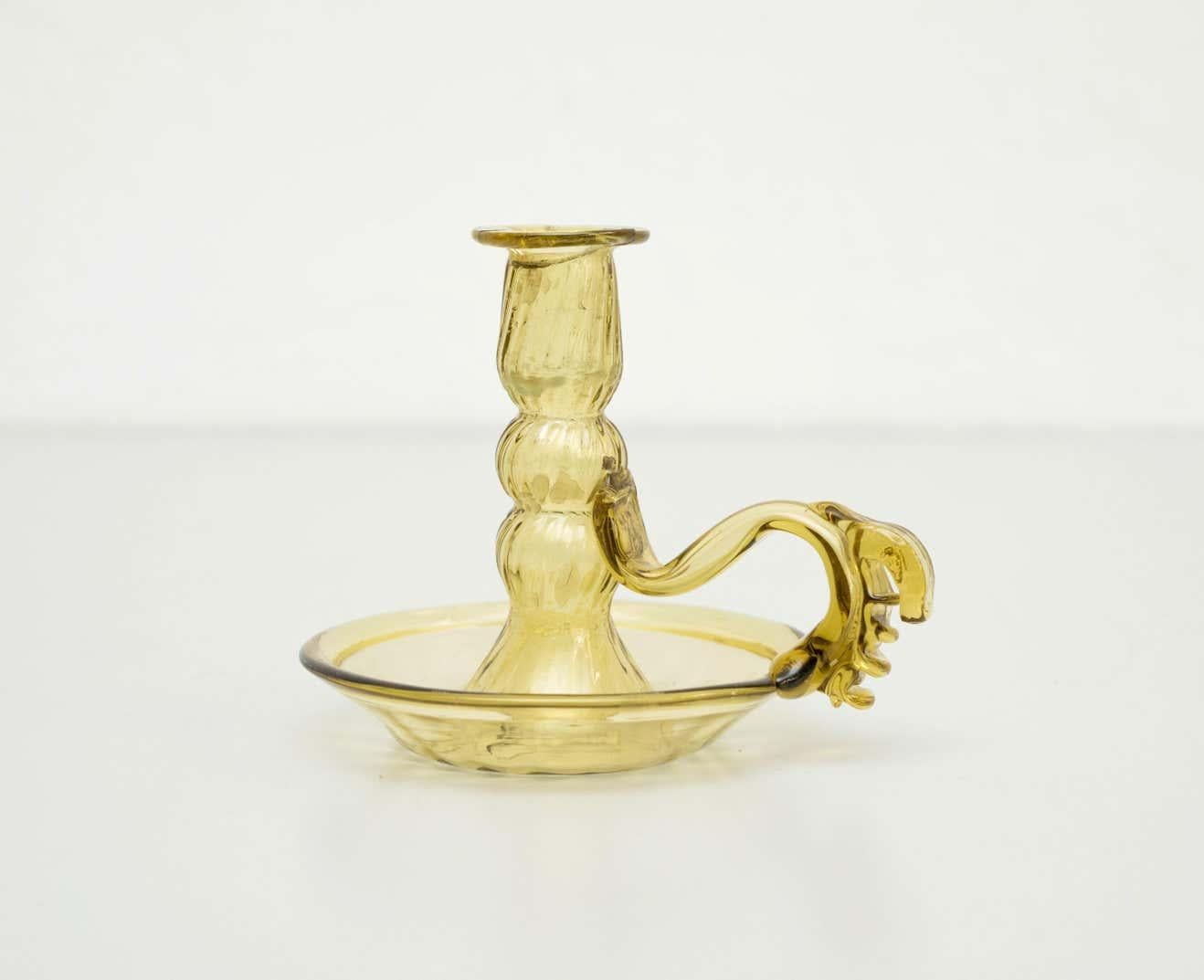 Rustic Yellow Glass Candle Holder, circa 1960 For Sale