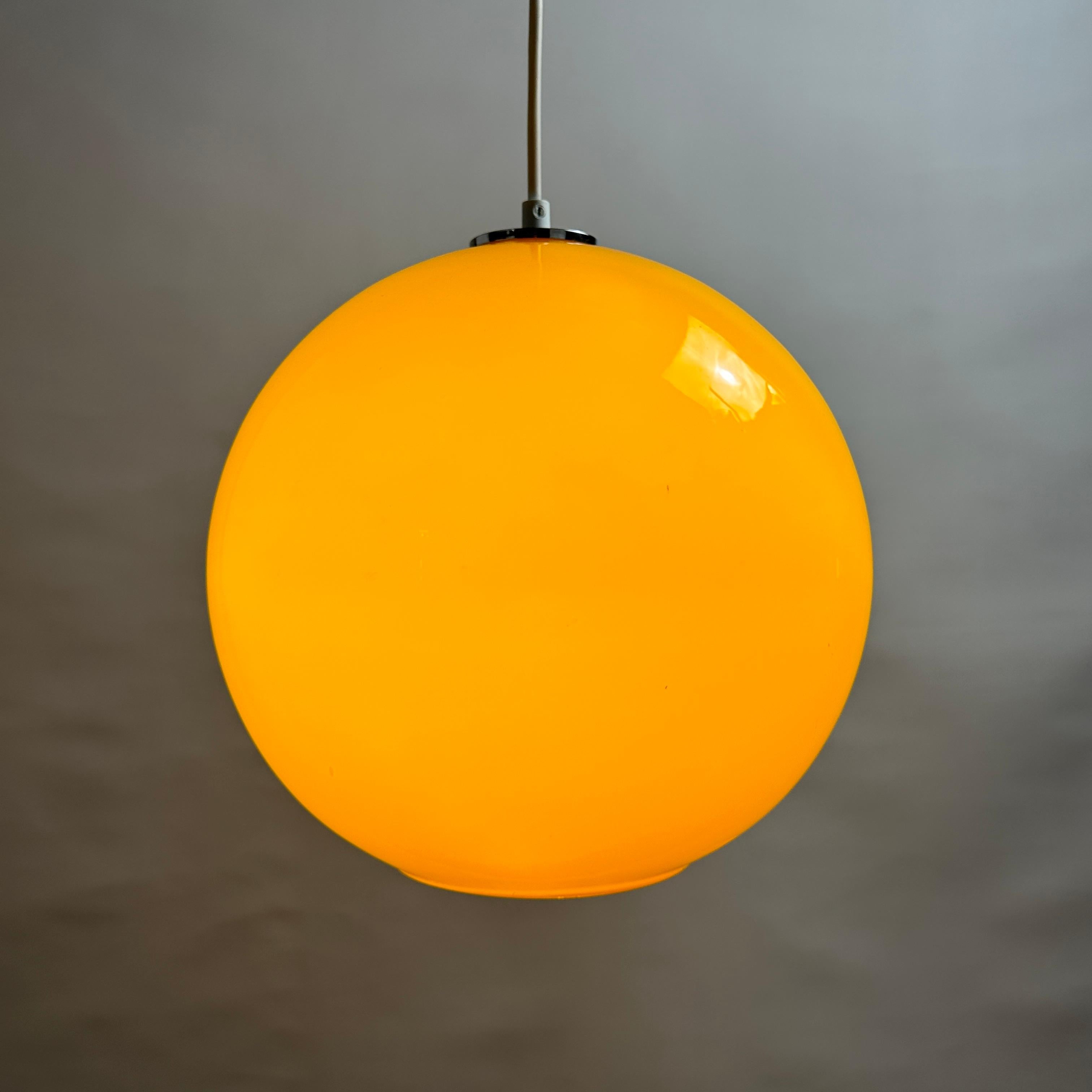 Glass Yellow glass globe pendant light XL by Peill and Putzler 1960 For Sale