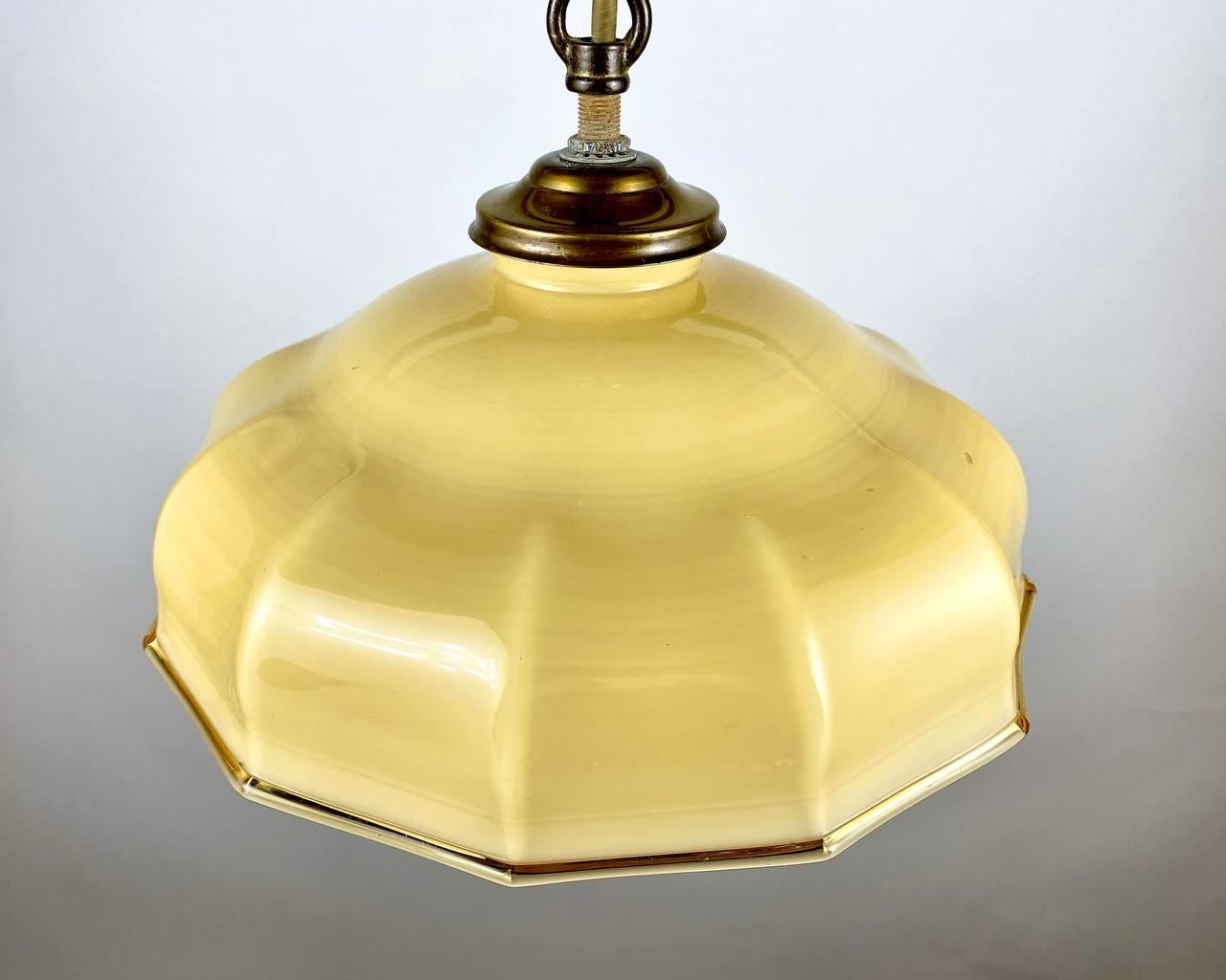 French Yellow Glass Pendant Lamp with Brass Fixing, France, 1960  Vintage Chandelier For Sale