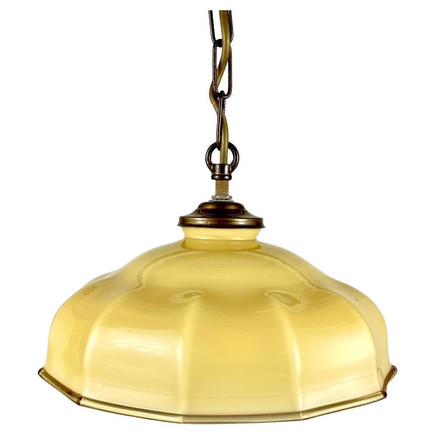 Yellow Glass Pendant Lamp with Brass Fixing, France, 1960  Vintage Chandelier For Sale
