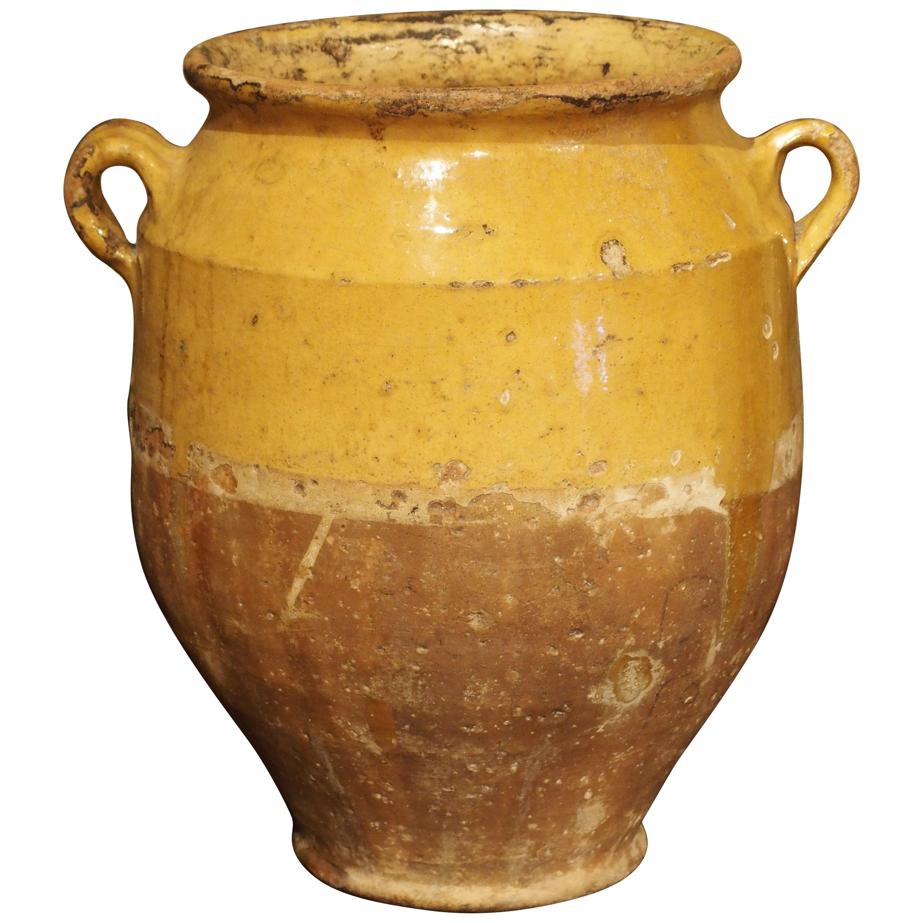 Yellow Glazed Antique French Terracotta Confit Pot, 19th Century