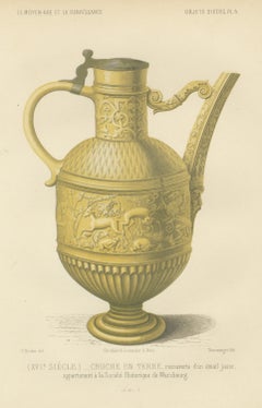 Yellow Glazed Earthenware Ewer, Würzburg, Antique Print, 1851