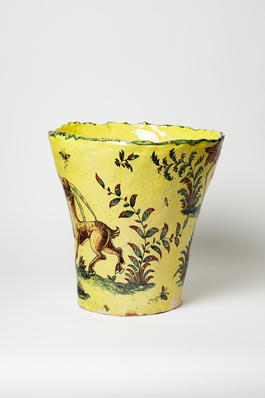 Beaux-Arts Yellow glazed earthenware vase, decorated with fantastical animals, 2025. in vendita