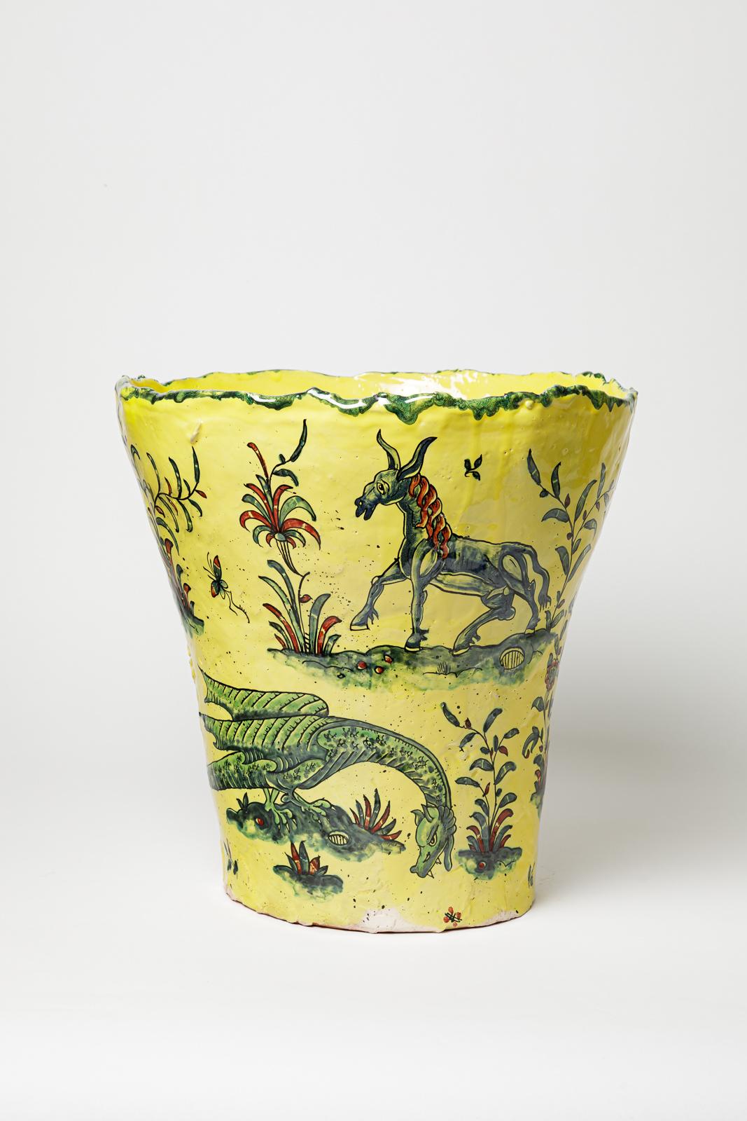 XXI secolo e contemporaneo Yellow glazed earthenware vase, decorated with fantastical animals, 2025. in vendita
