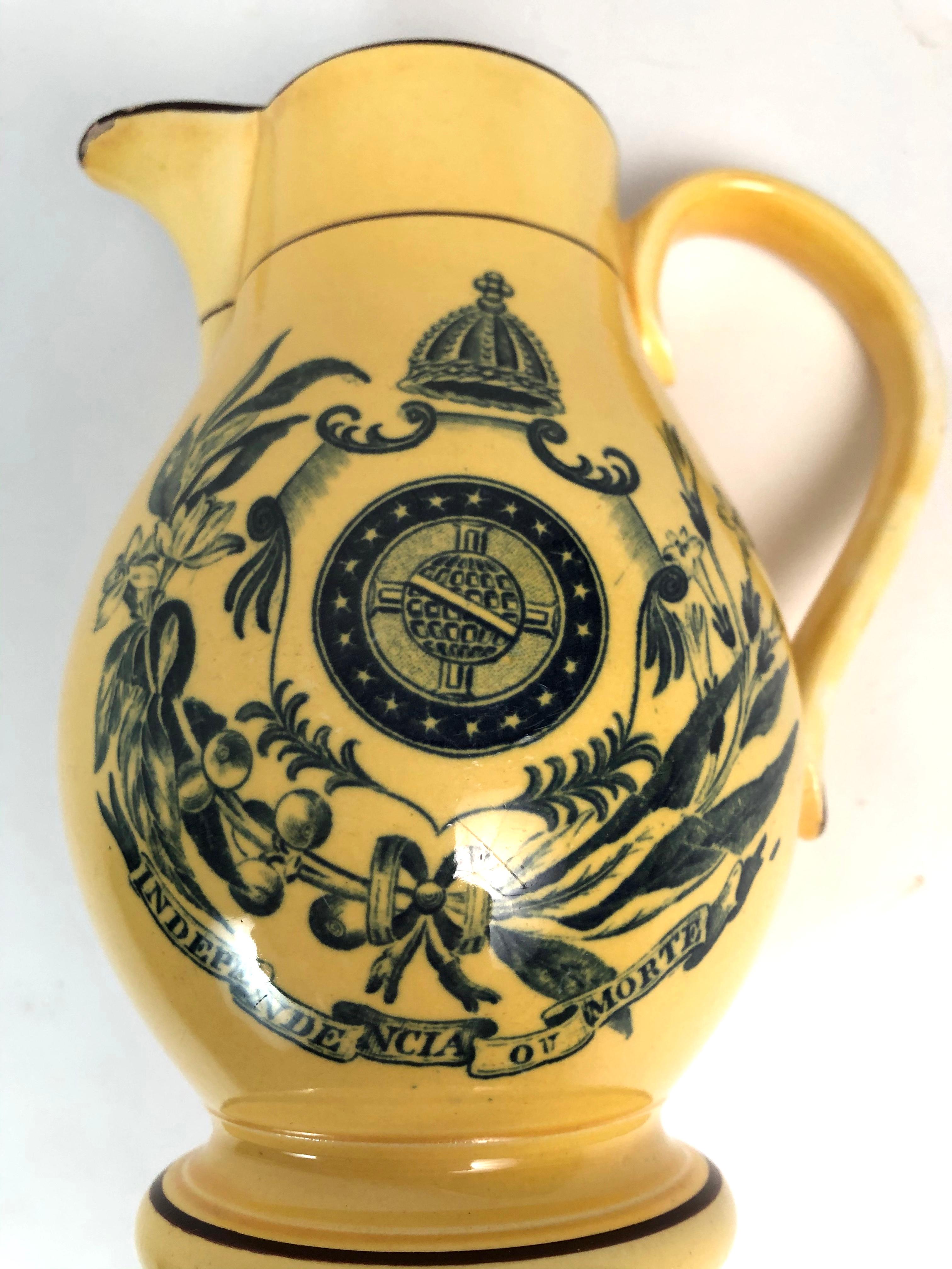 Earthenware Yellow Glazed Staffordshire Pottery Brazil Independence Pitcher, circa 1825