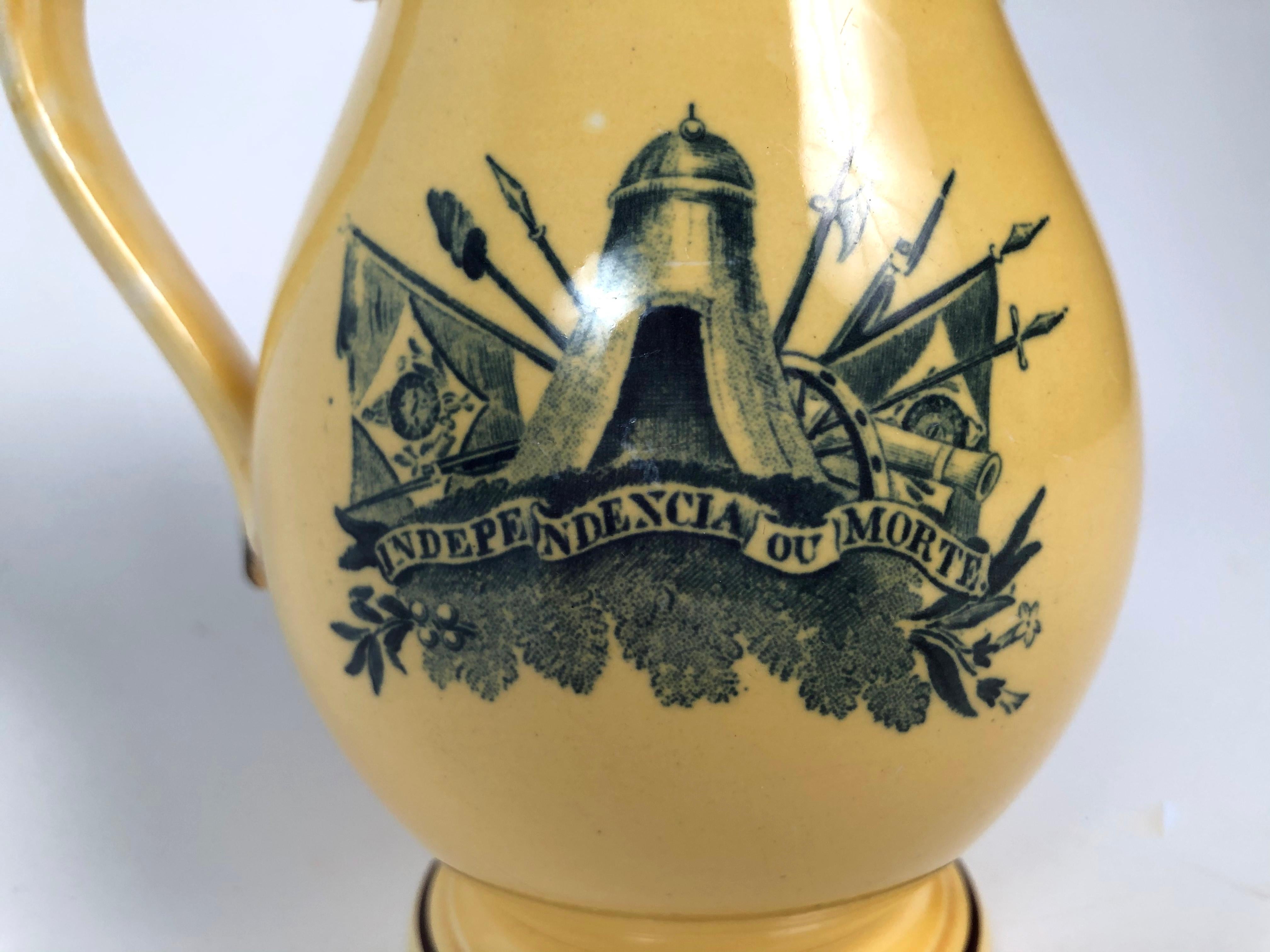 Yellow Glazed Staffordshire Pottery Brazil Independence Pitcher, circa 1825 1